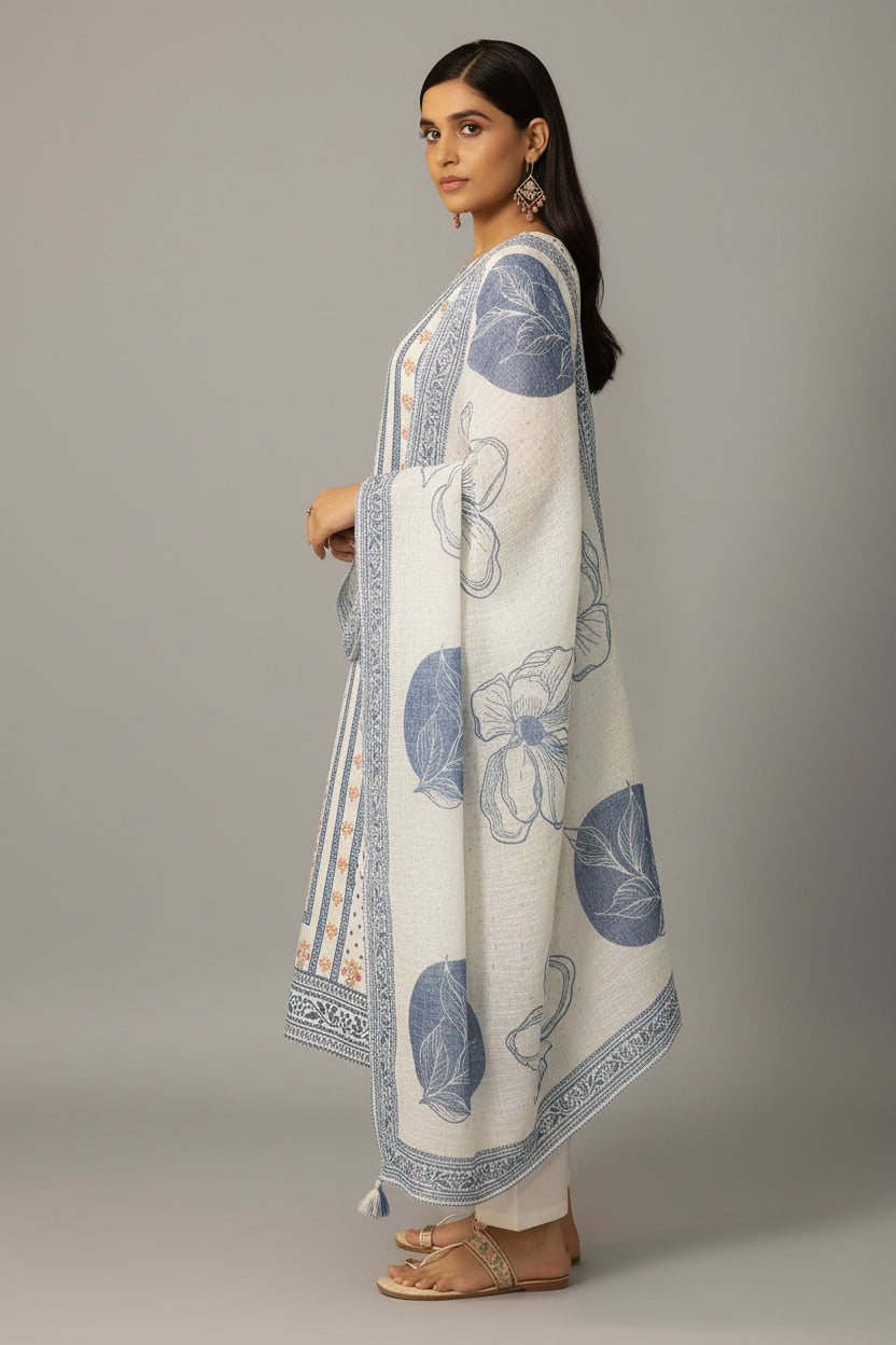 Cream Poly Linen Digital Print Kurta Set with Dupatta