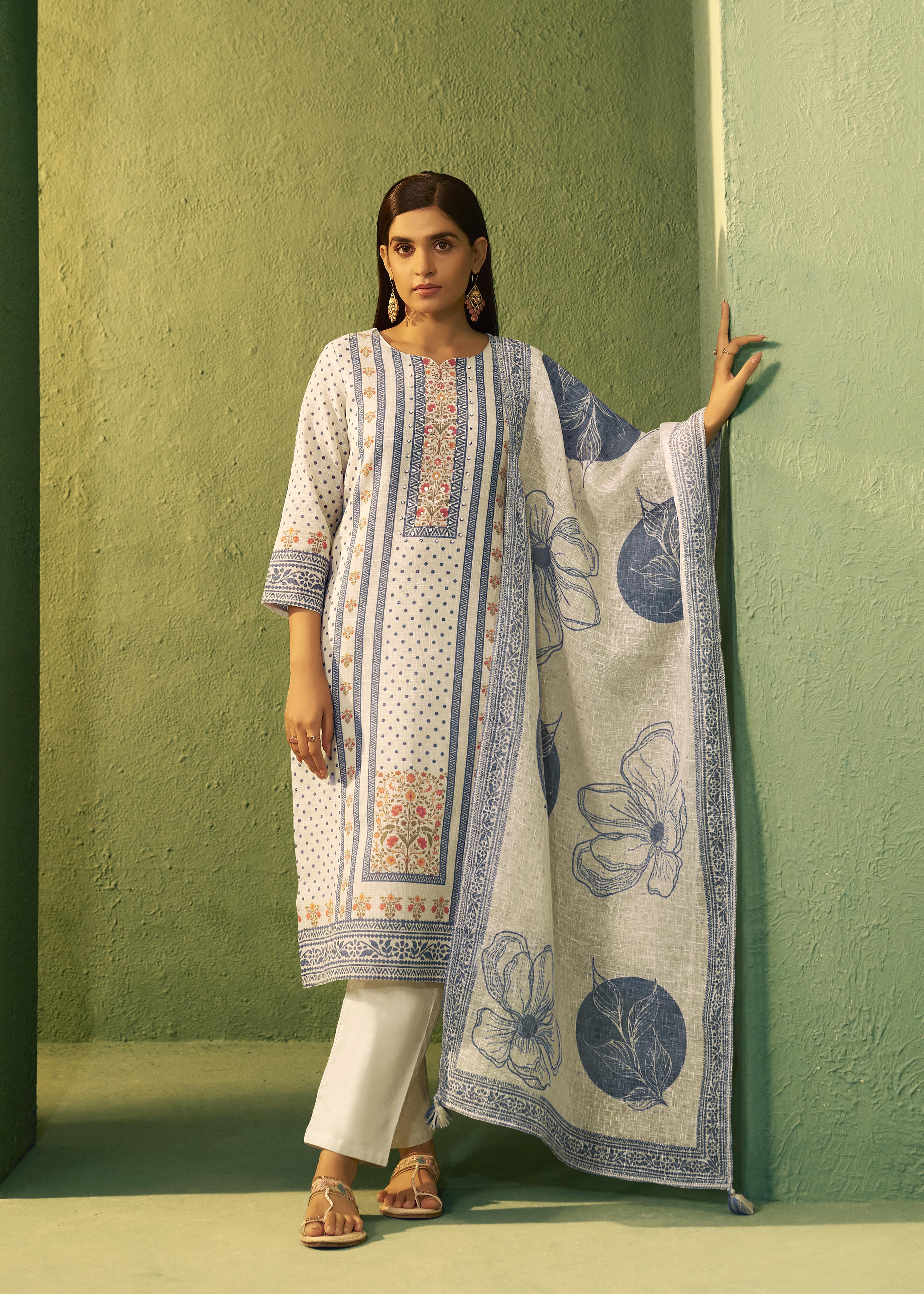 Cream Poly Linen Digital Print Kurta Set with Dupatta