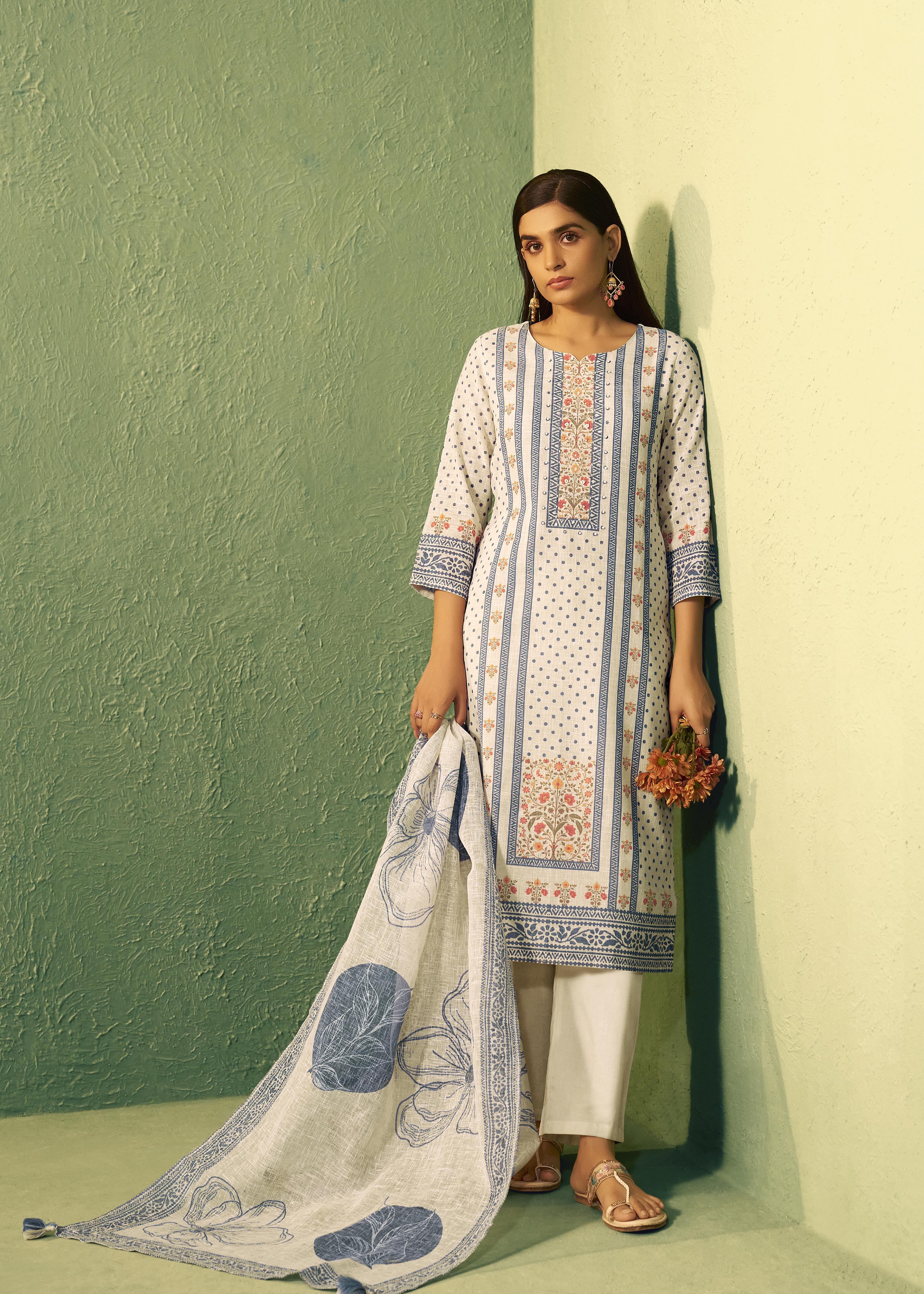 Cream Poly Linen Digital Print Kurta Set with Dupatta