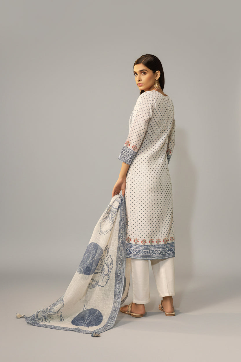 Cream Poly Linen Digital Print Kurta Set with Dupatta