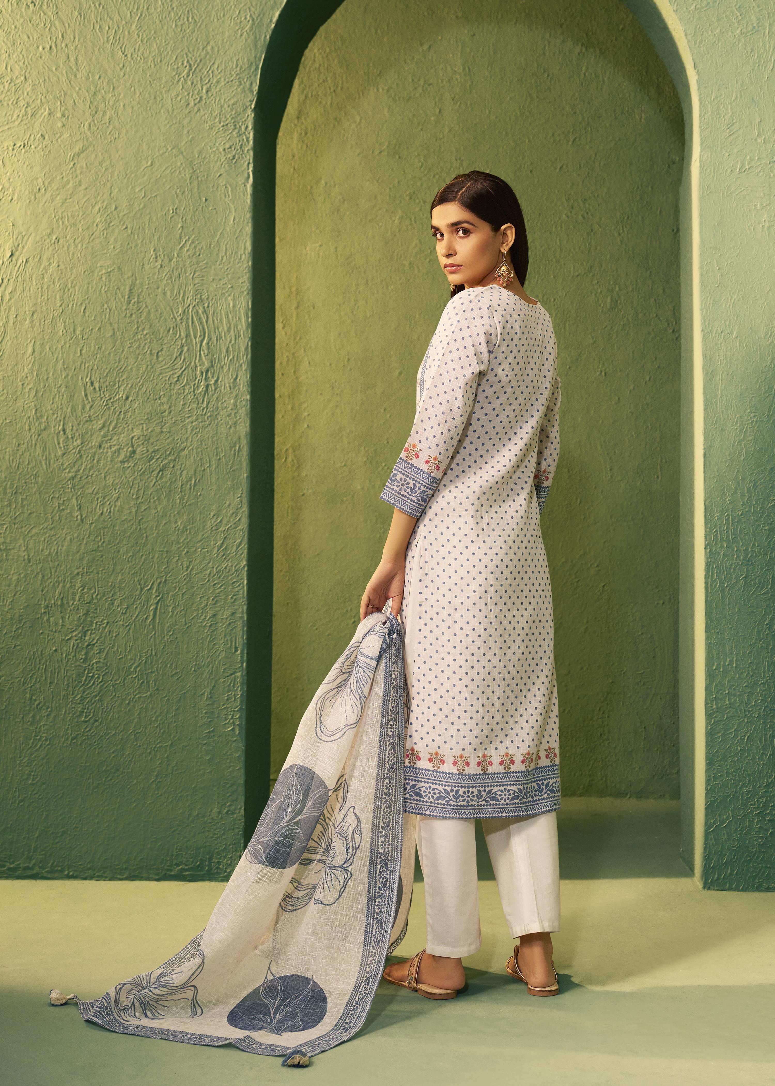Cream Poly Linen Digital Print Kurta Set with Dupatta