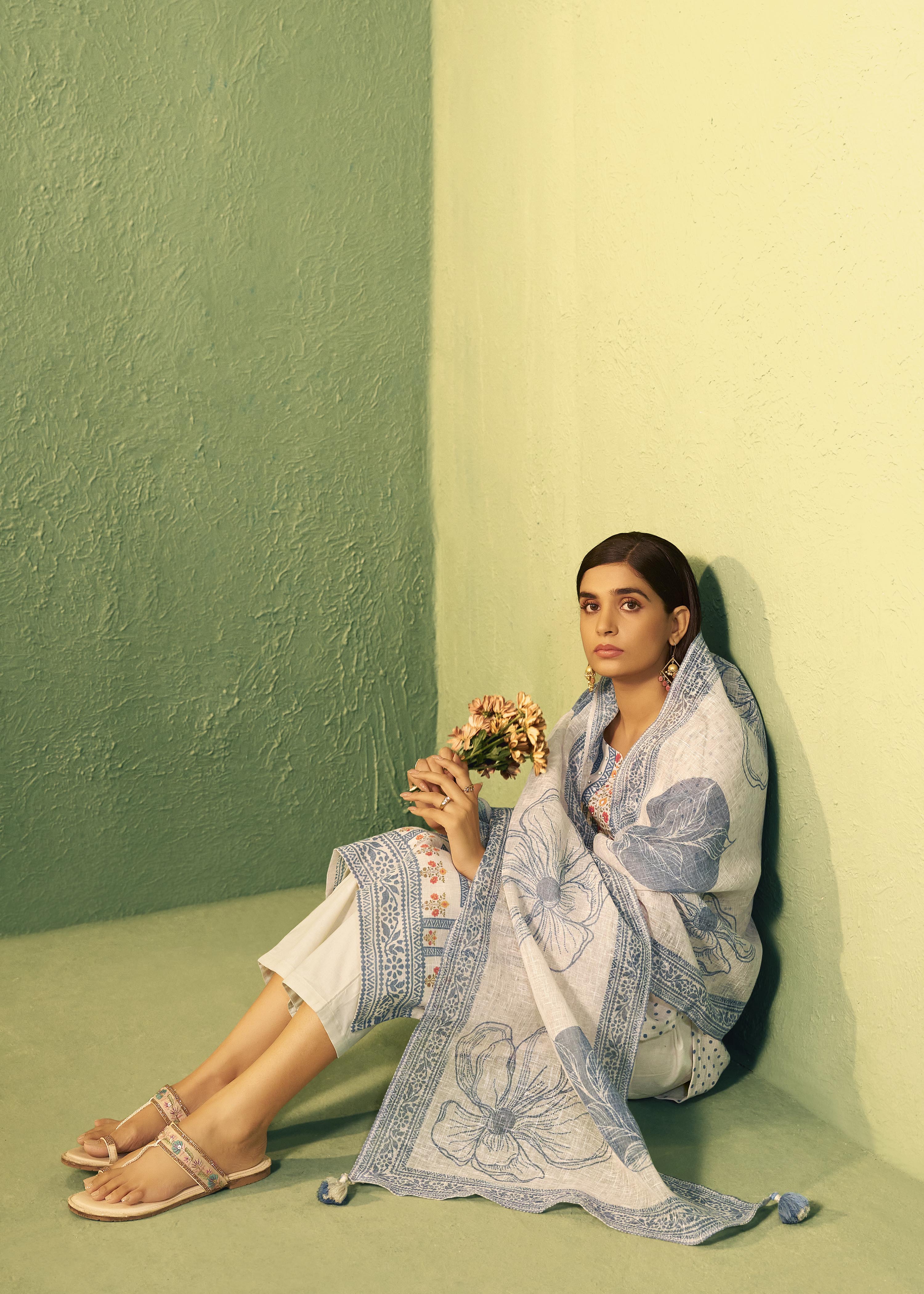 Cream Poly Linen Digital Print Kurta Set with Dupatta