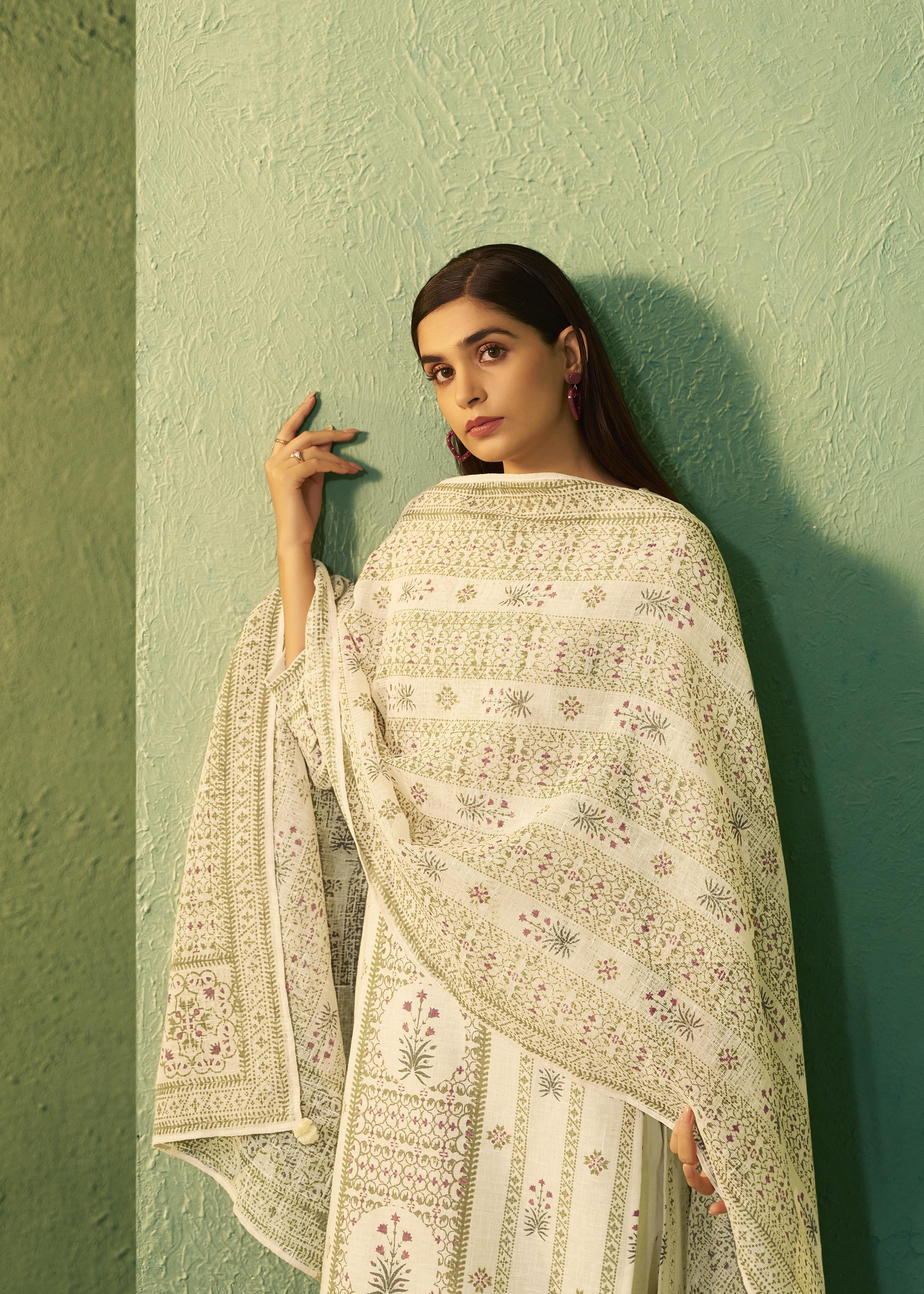Crisp Cream Cotton Linen Blend olive-green Digital Print Kurta Set