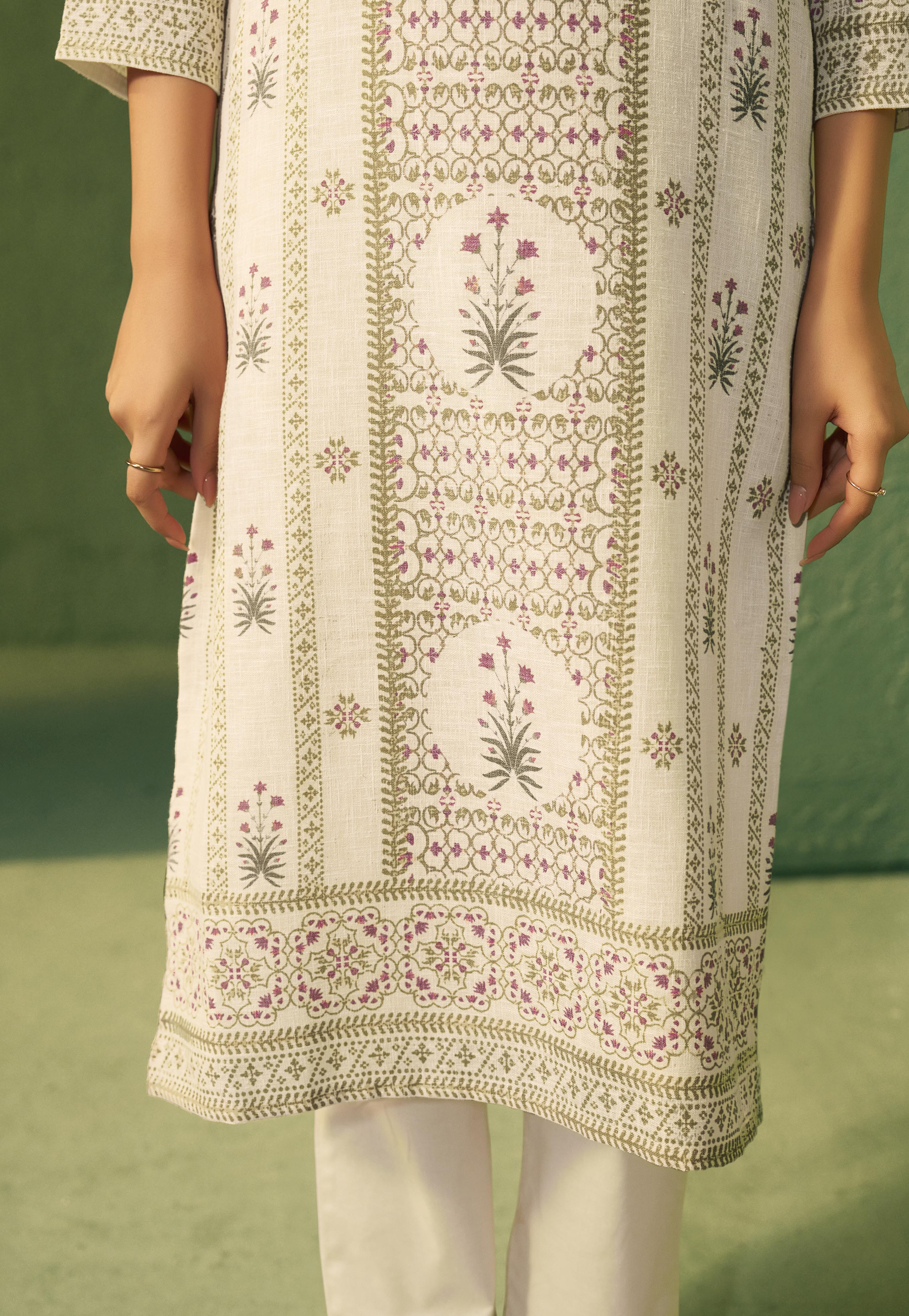 Crisp Cream Cotton Linen Blend olive-green Digital Print Kurta Set