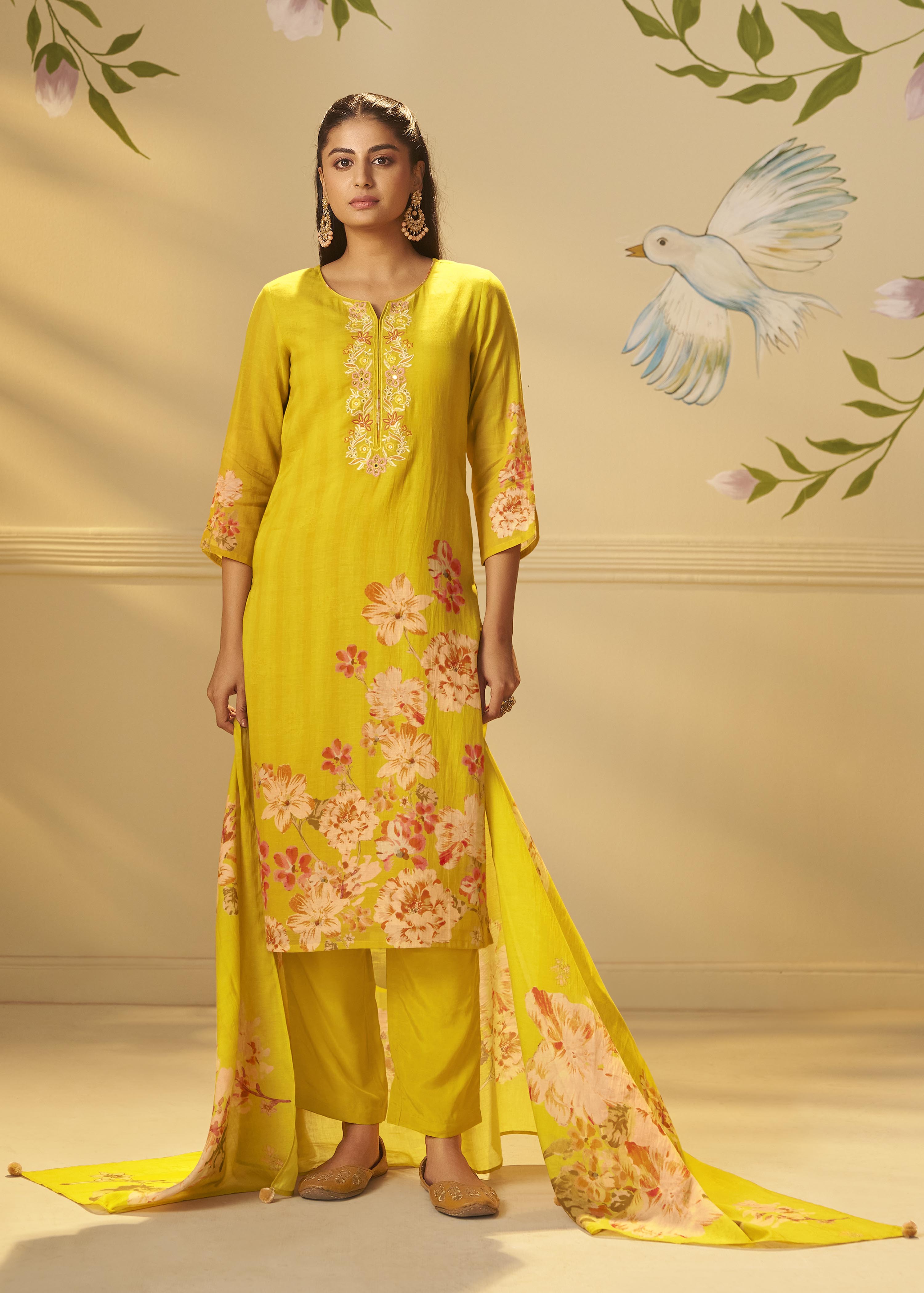 Vivid Yellow Mul Chanderi Digital Print Kurta Set