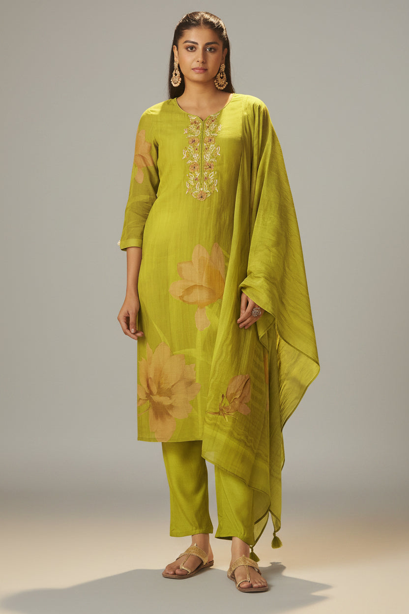 Olive Lime Mul Chanderi Digital Print Kurta Set