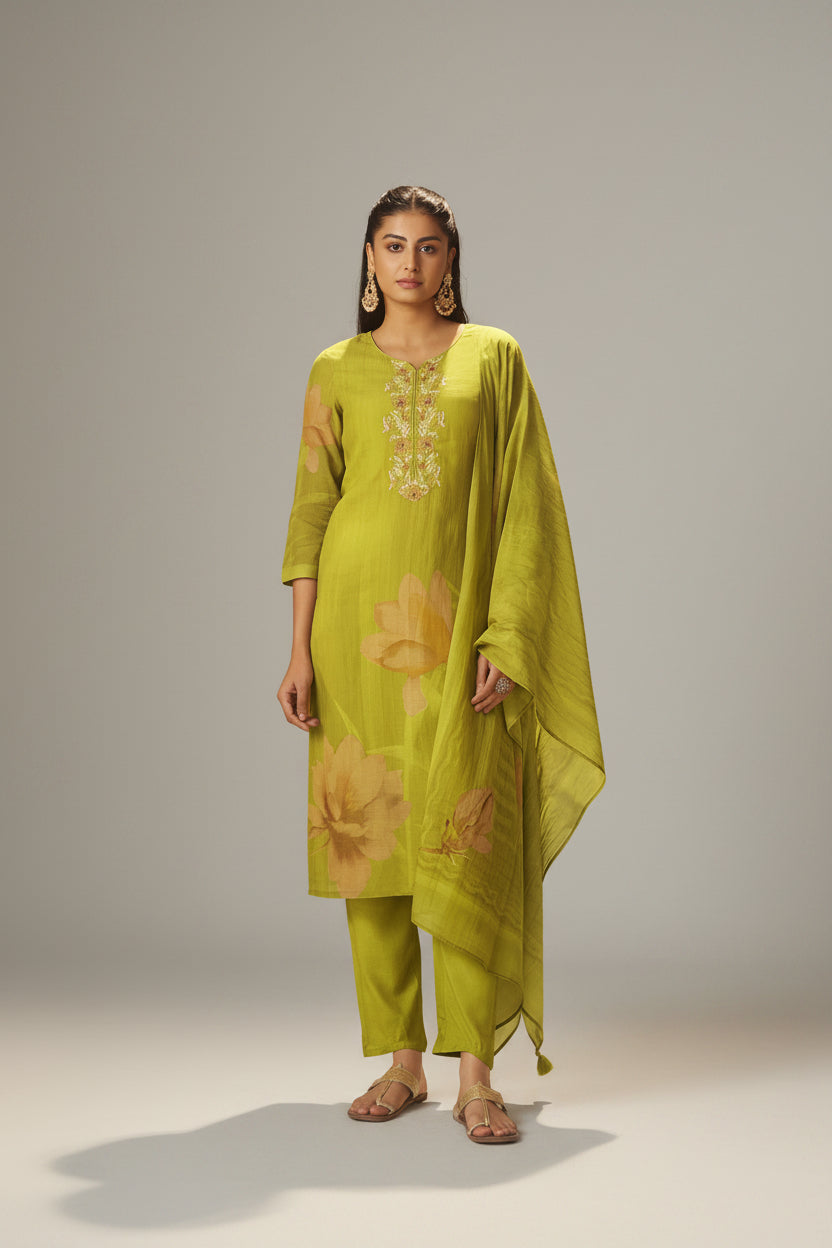 Olive Lime Mul Chanderi Digital Print Kurta Set