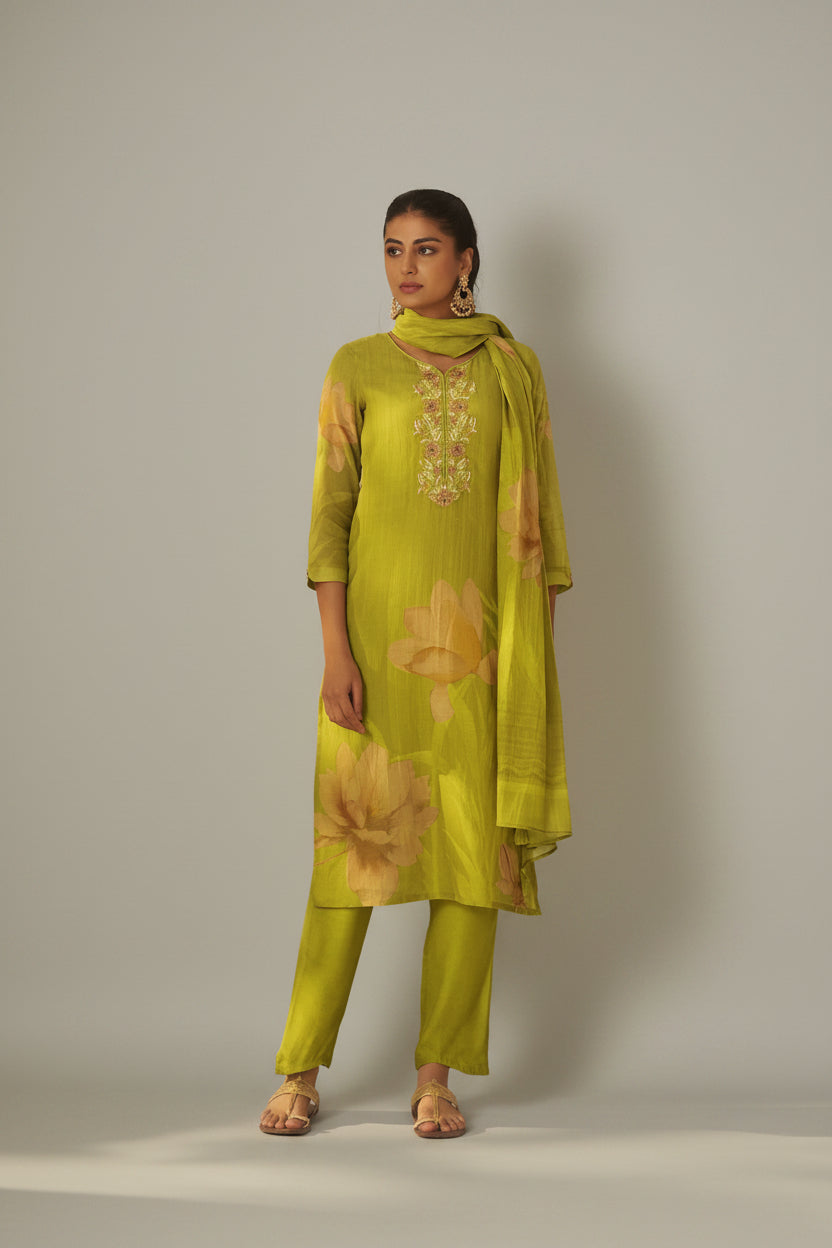 Olive Lime Mul Chanderi Digital Print Kurta Set