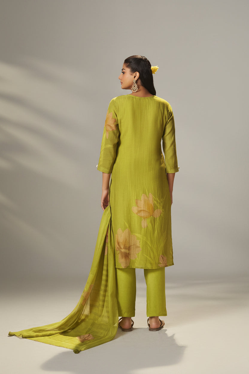 Olive Lime Mul Chanderi Digital Print Kurta Set