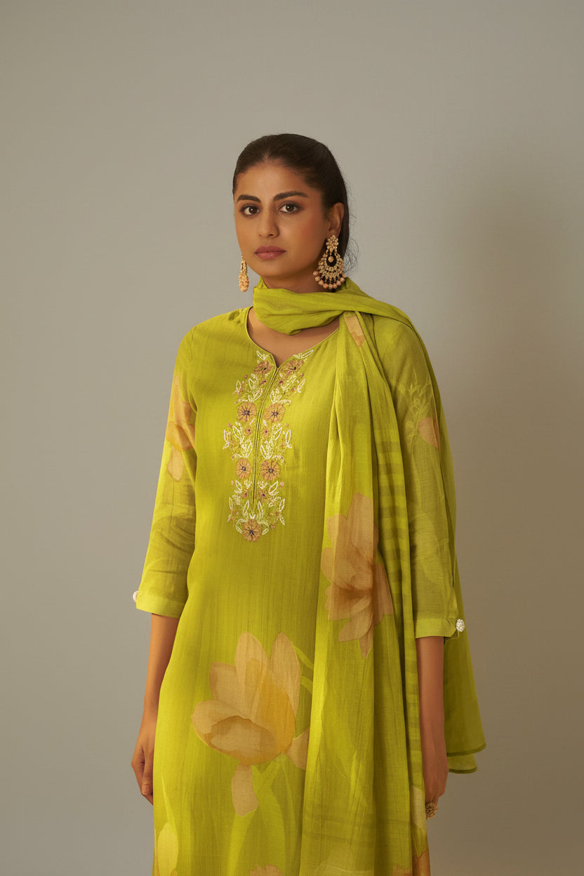 Olive Lime Mul Chanderi Digital Print Kurta Set