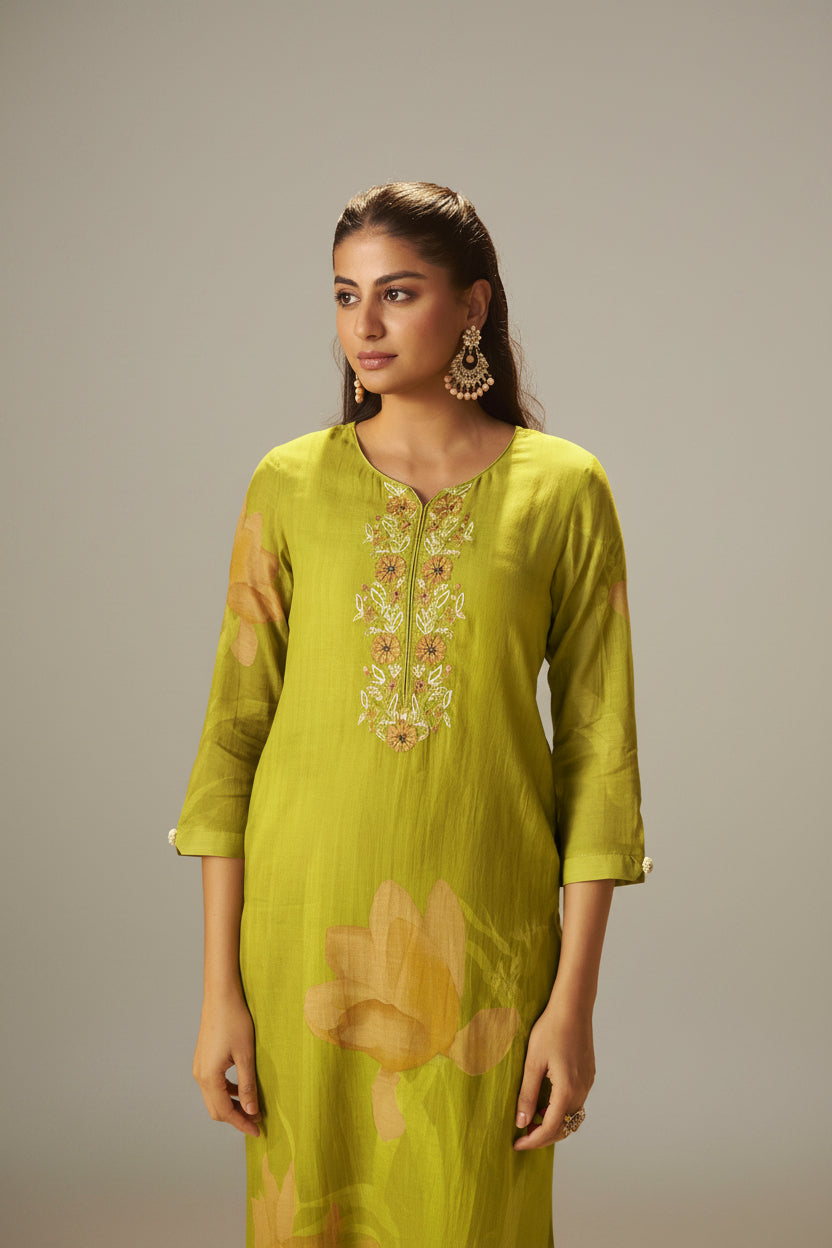 Olive Lime Mul Chanderi Digital Print Kurta Set