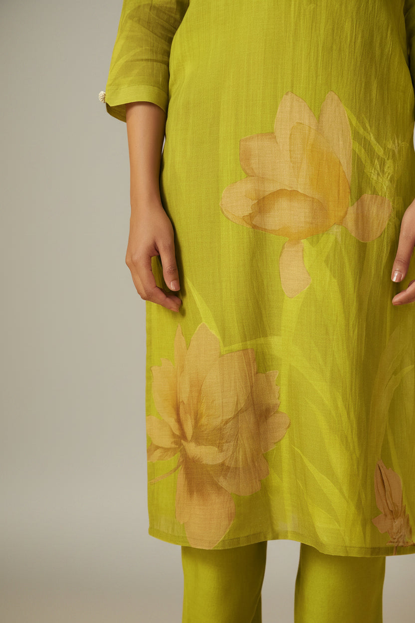 Olive Lime Mul Chanderi Digital Print Kurta Set