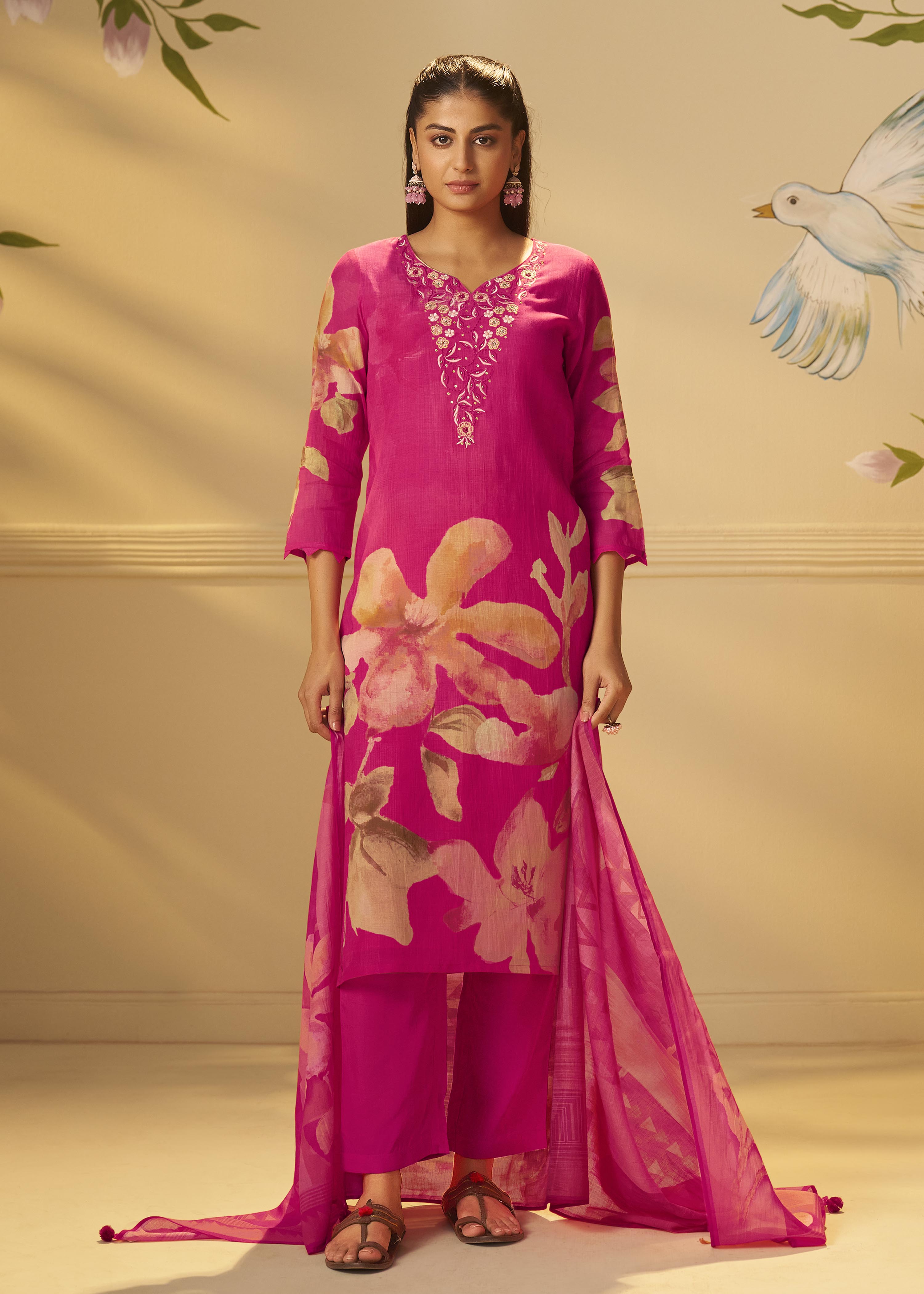 Rani Pink Mul Chanderi Digital Print Kurta Set