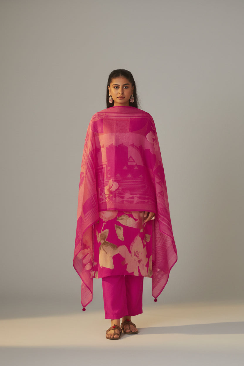 Rani Pink Mul Chanderi Digital Print Kurta Set