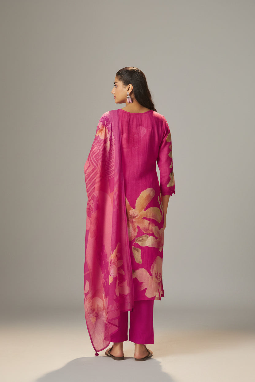 Rani Pink Mul Chanderi Digital Print Kurta Set