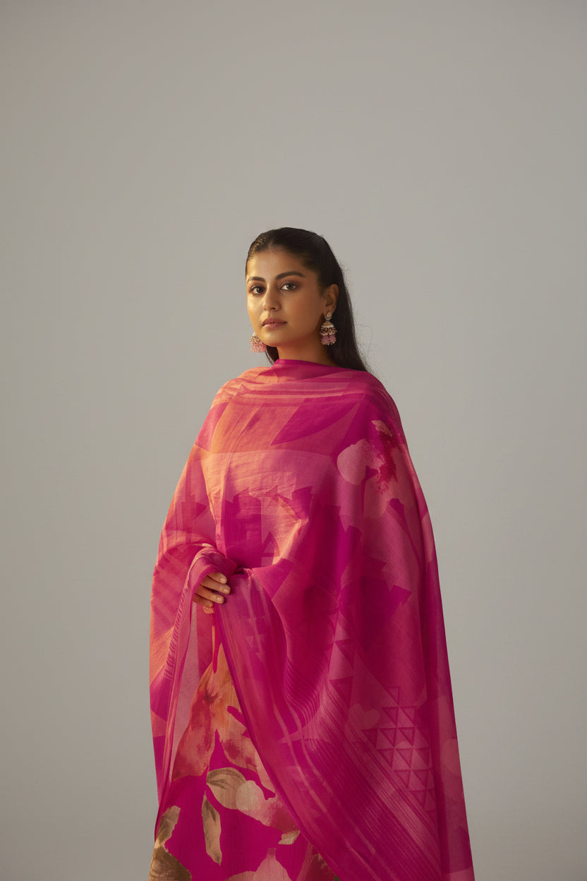 Rani Pink Mul Chanderi Digital Print Kurta Set
