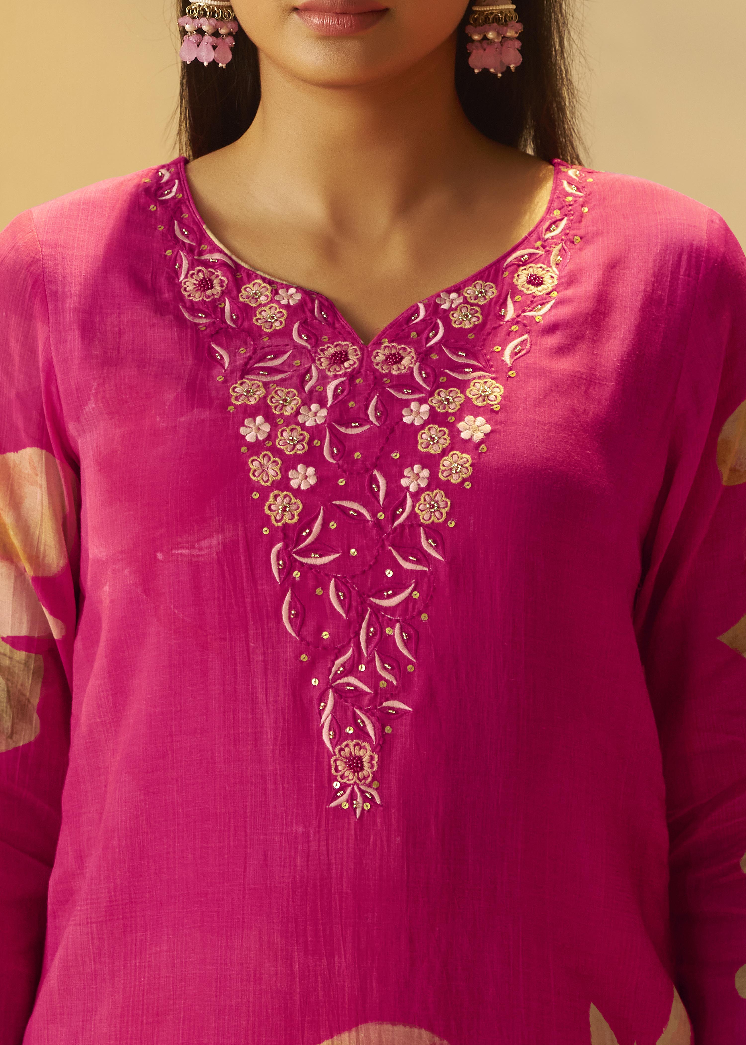 Rani Pink Mul Chanderi Digital Print Kurta Set