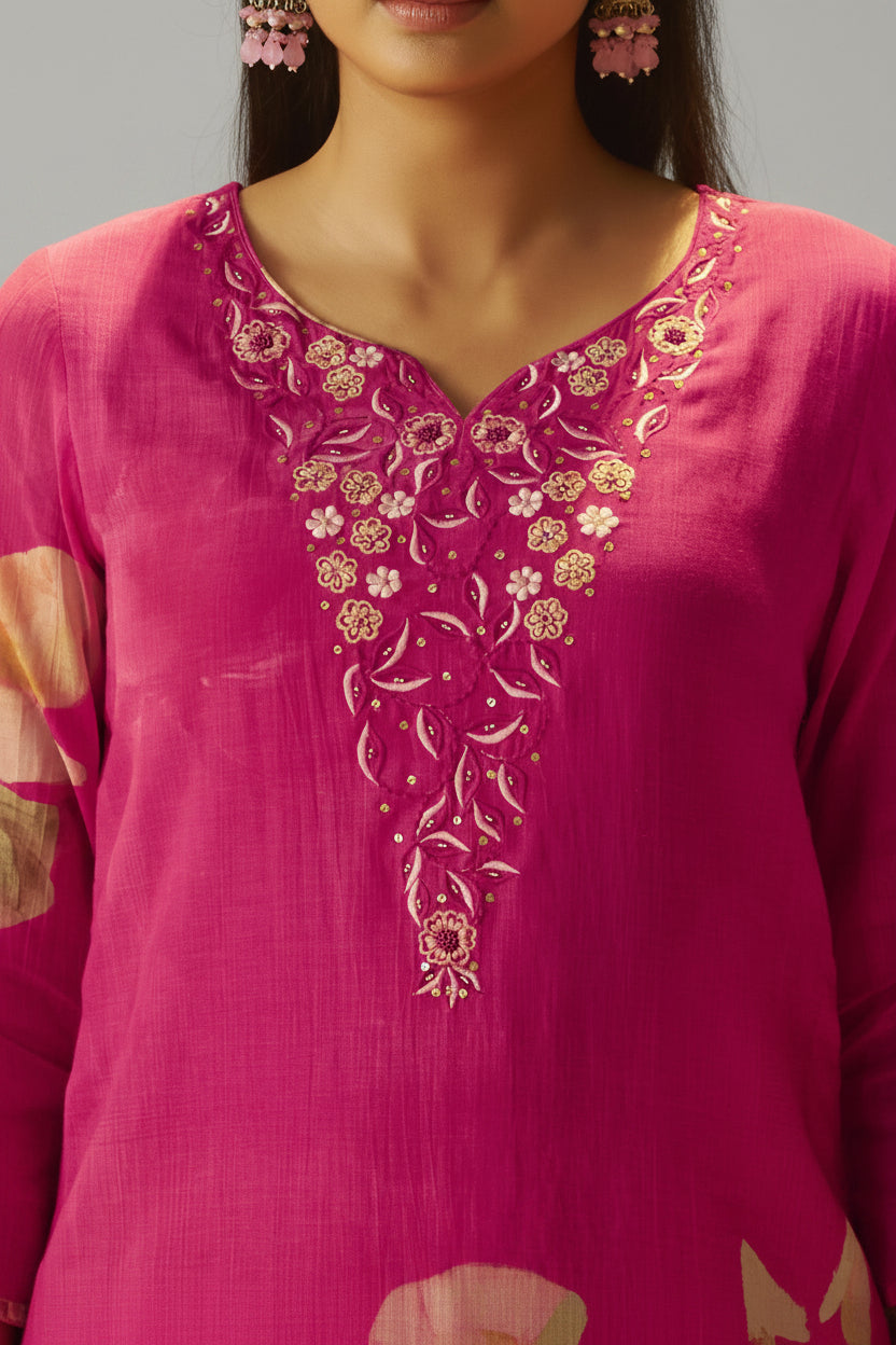 Rani Pink Mul Chanderi Digital Print Kurta Set