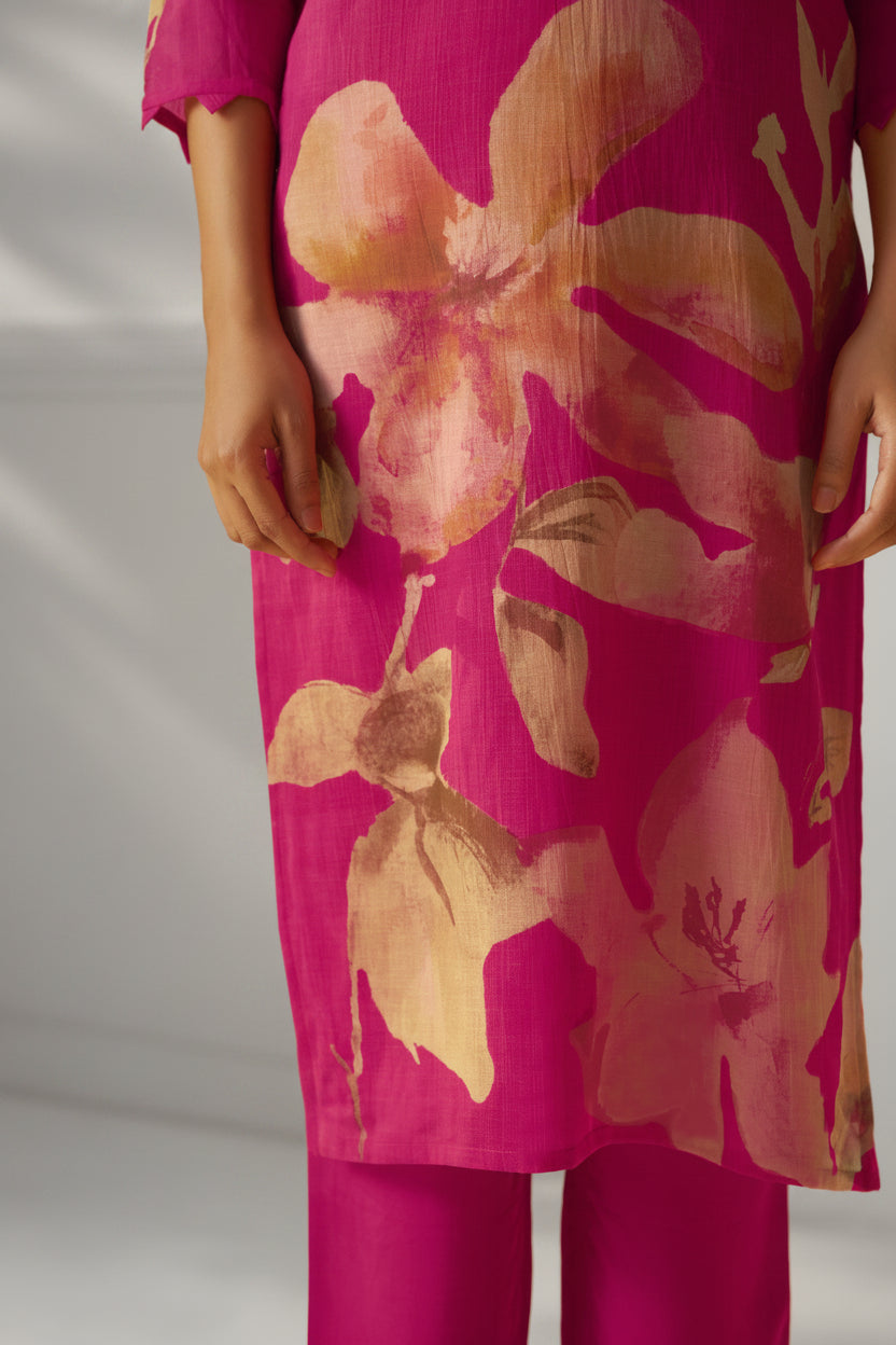 Rani Pink Mul Chanderi Digital Print Kurta Set