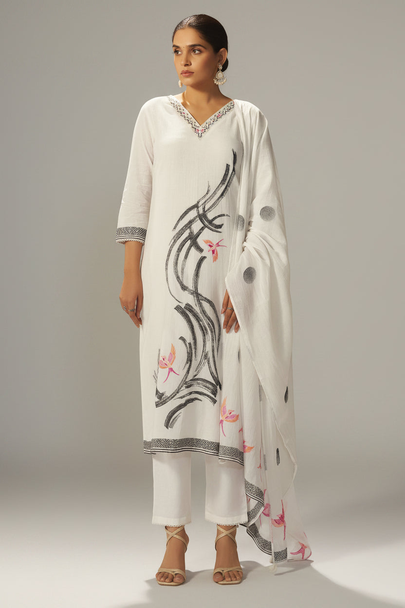 Pure White Cream Cotton Jacquard Kurta Set