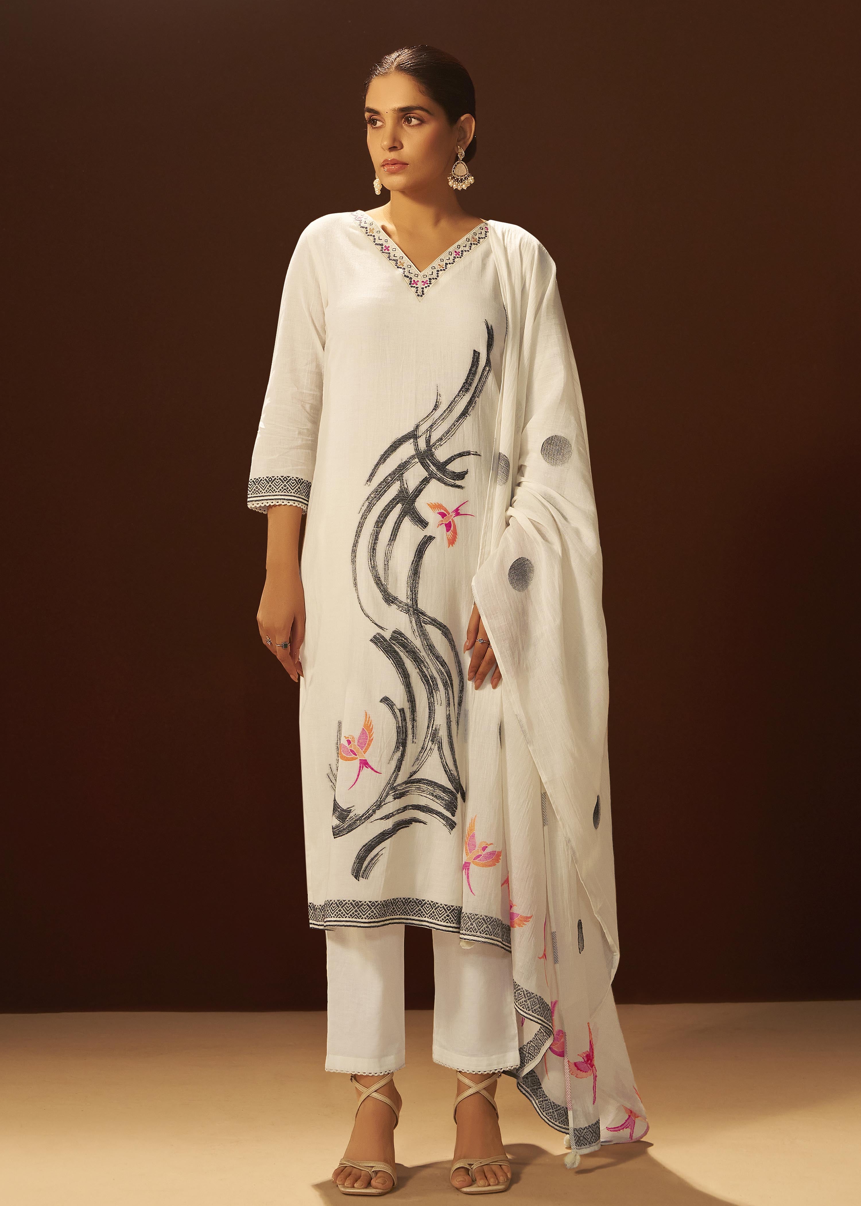 Pure White Cream Cotton Jacquard Kurta Set