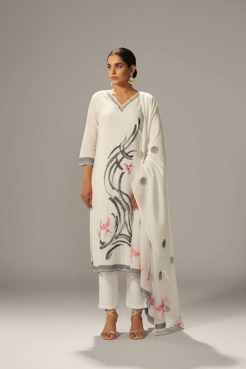 Pure White Cream Cotton Jacquard Kurta Set