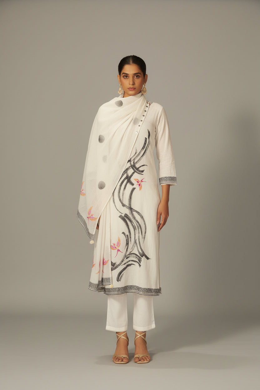 Pure White Cream Cotton Jacquard Kurta Set