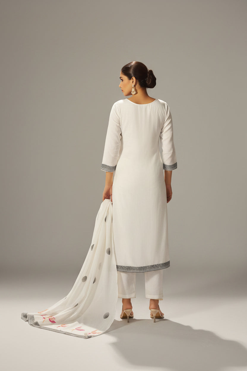 Pure White Cream Cotton Jacquard Kurta Set