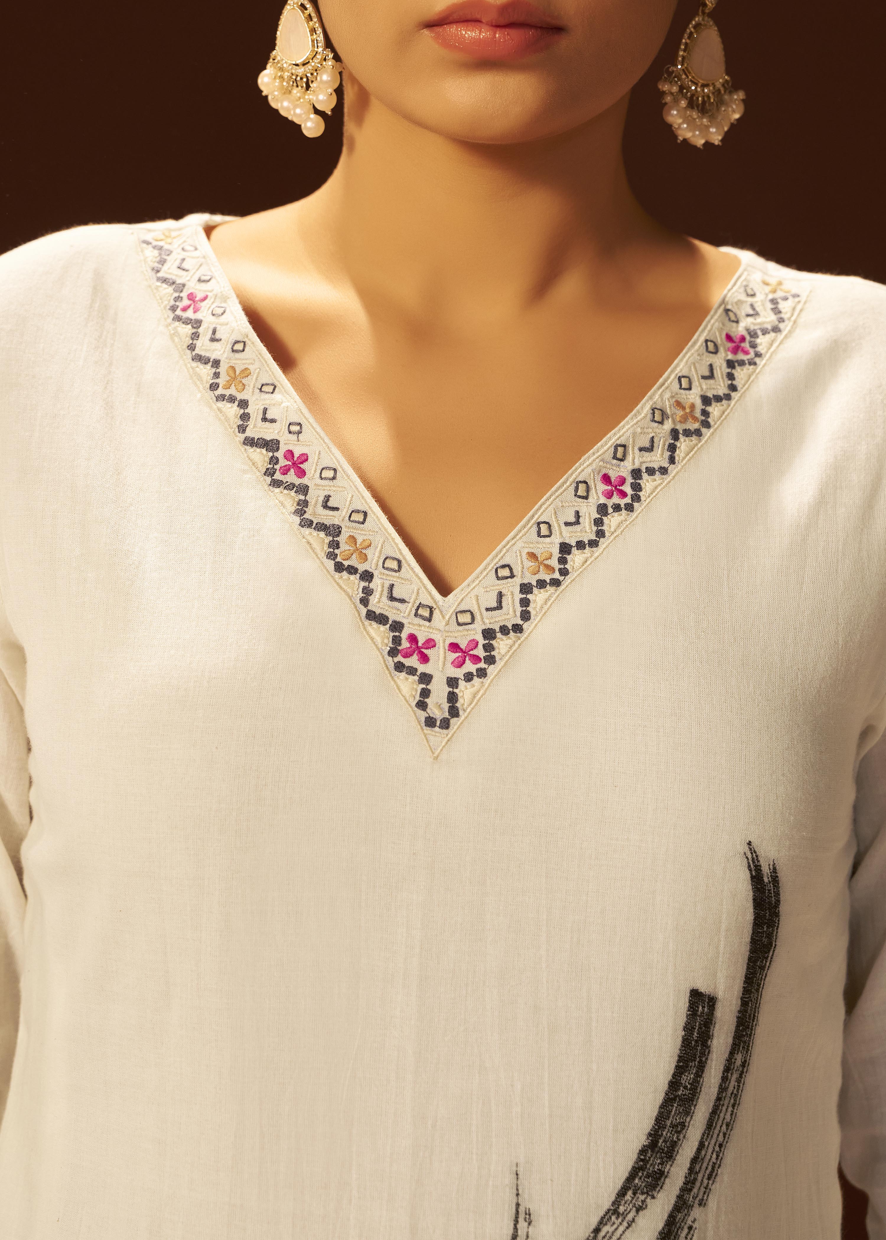 Pure White Cream Cotton Jacquard Kurta Set