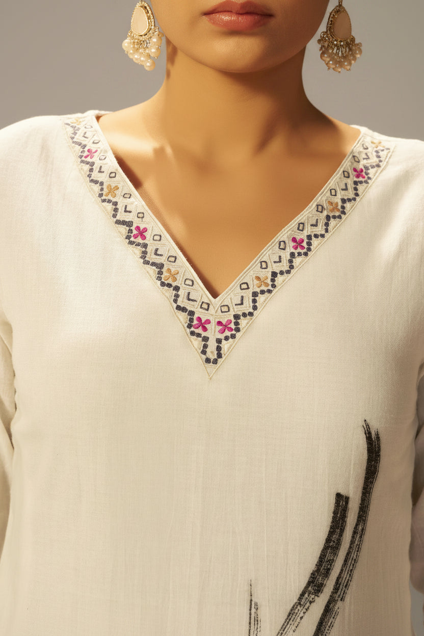 Pure White Cream Cotton Jacquard Kurta Set