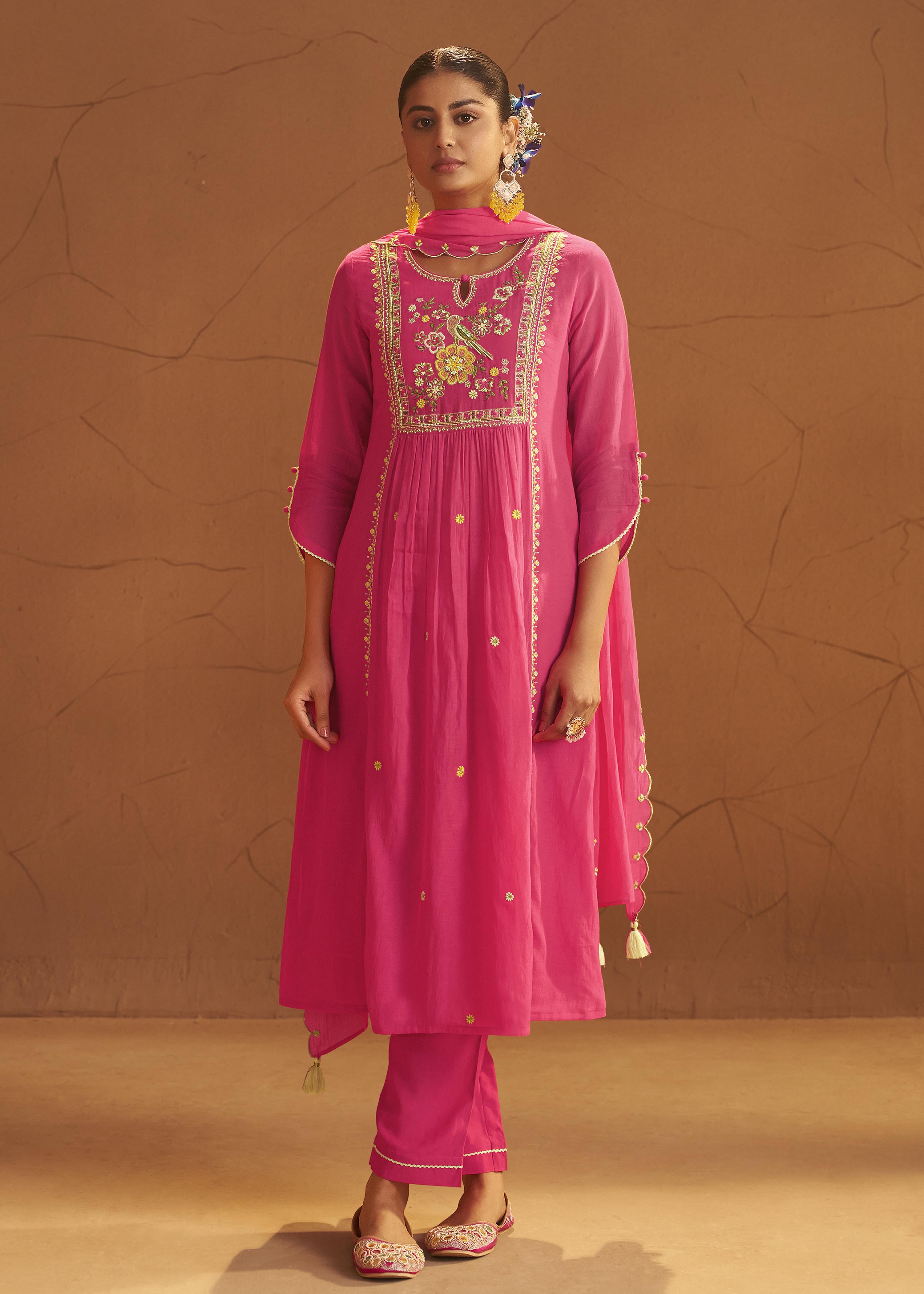 Pink Mul Chanderi Embroidery Kurta Set with Scallop Dupatta