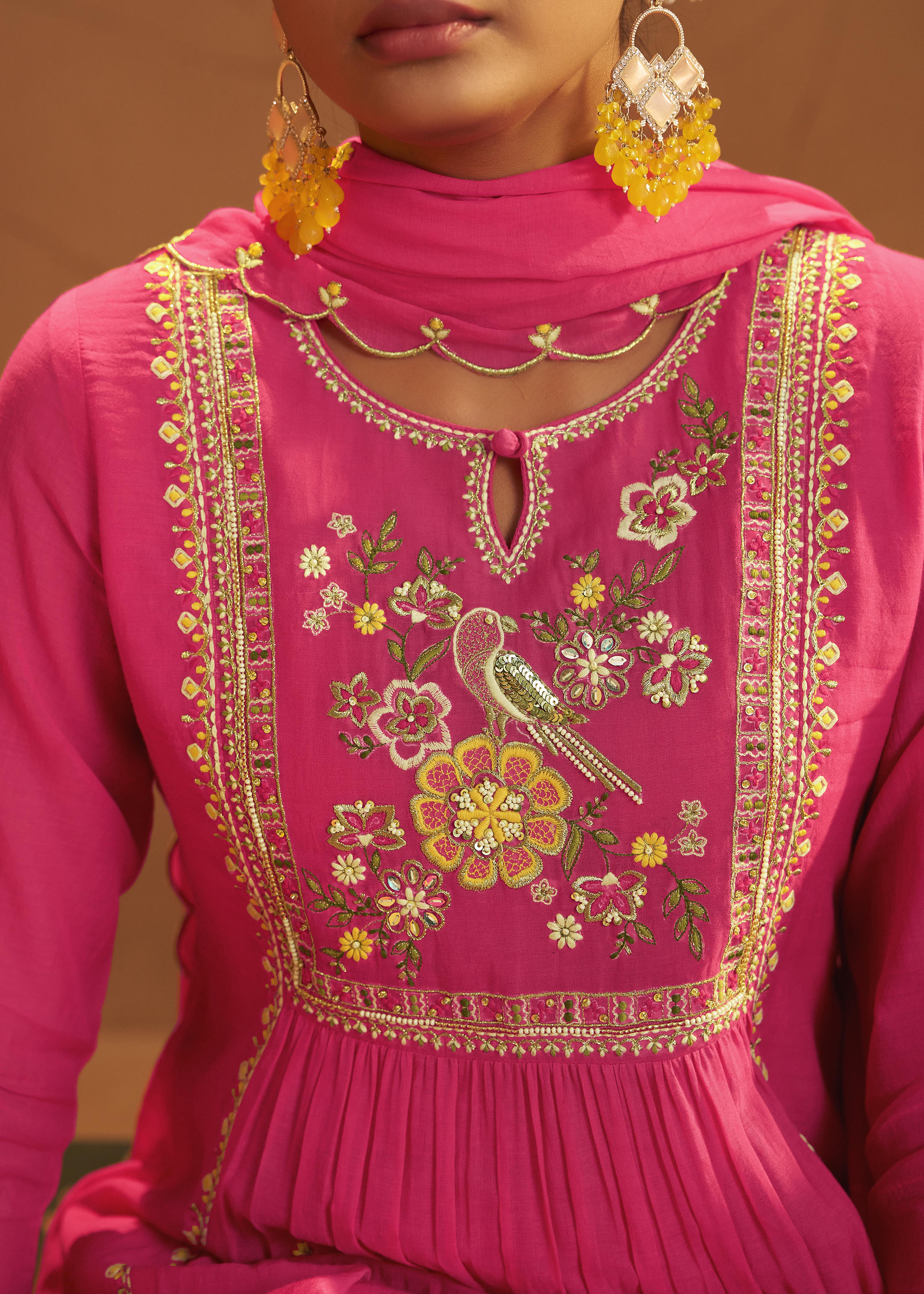 Pink Mul Chanderi Embroidery Kurta Set with Scallop Dupatta