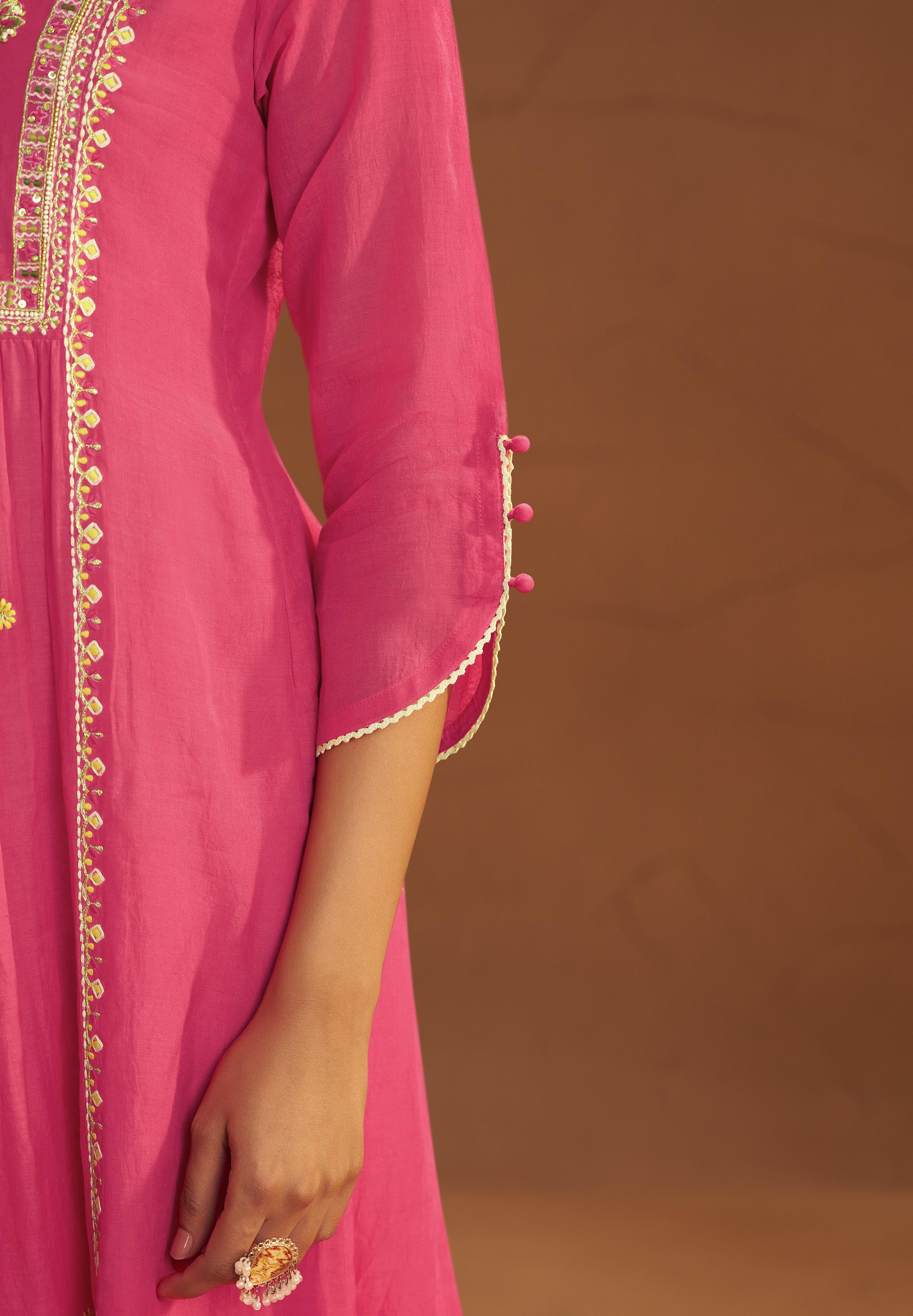 Pink Mul Chanderi Embroidery Kurta Set with Scallop Dupatta