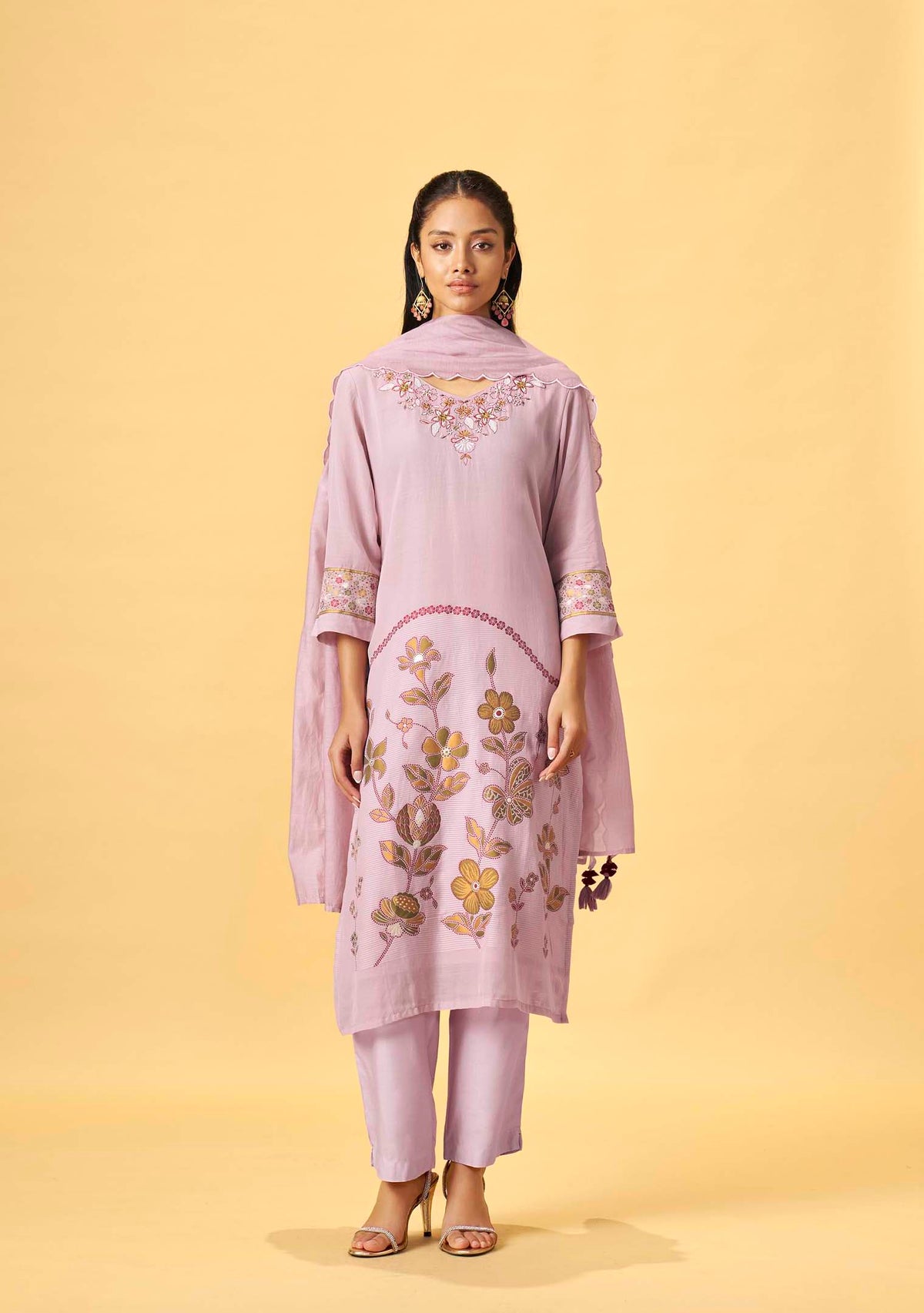 Lavender Linen Jacquard Kurta Set with Embroidered Dupatta