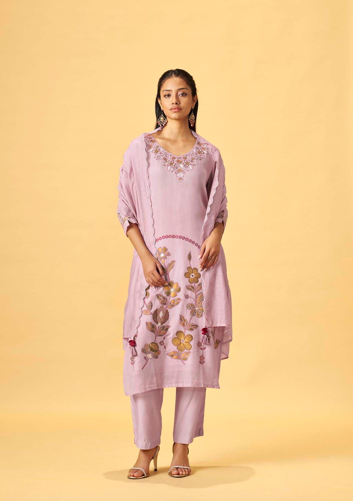 Lavender Linen Jacquard Kurta Set with Embroidered Dupatta