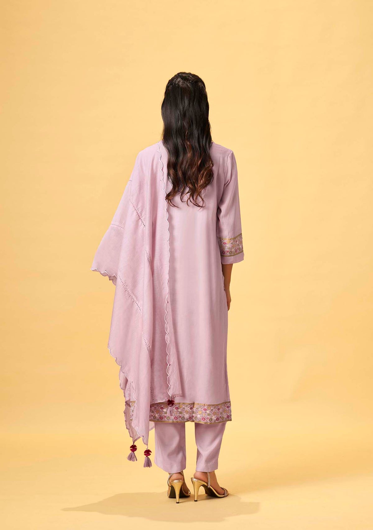 Lavender Linen Jacquard Kurta Set with Embroidered Dupatta