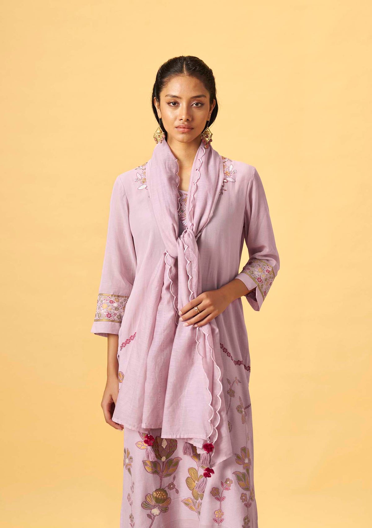 Lavender Linen Jacquard Kurta Set with Embroidered Dupatta