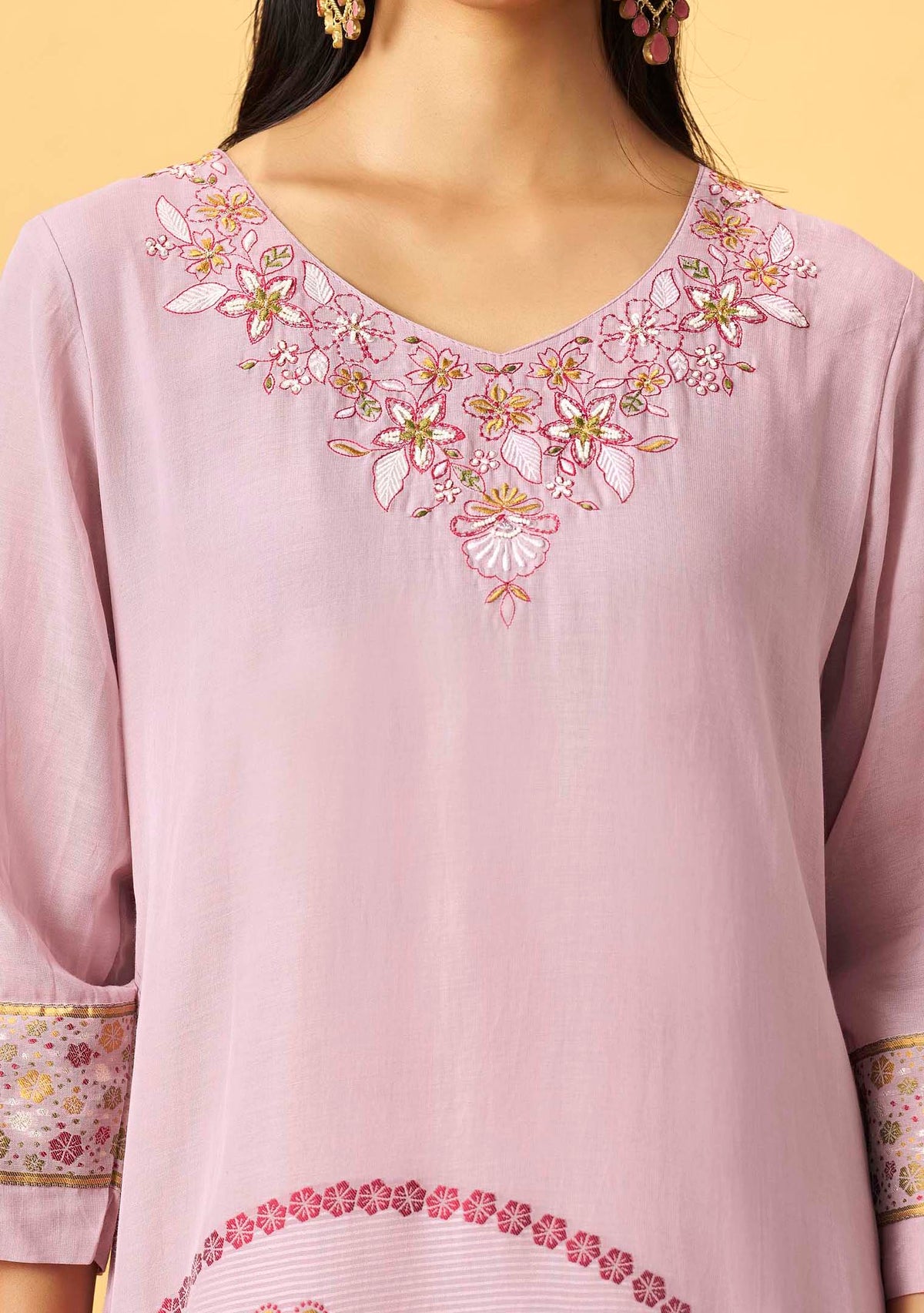 Lavender Linen Jacquard Kurta Set with Embroidered Dupatta