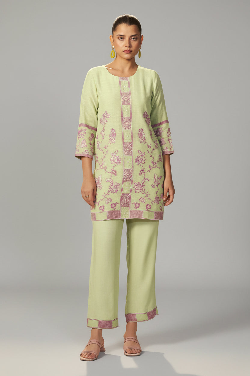 Pistachio Green Linen Jacquard Co-ord Set
