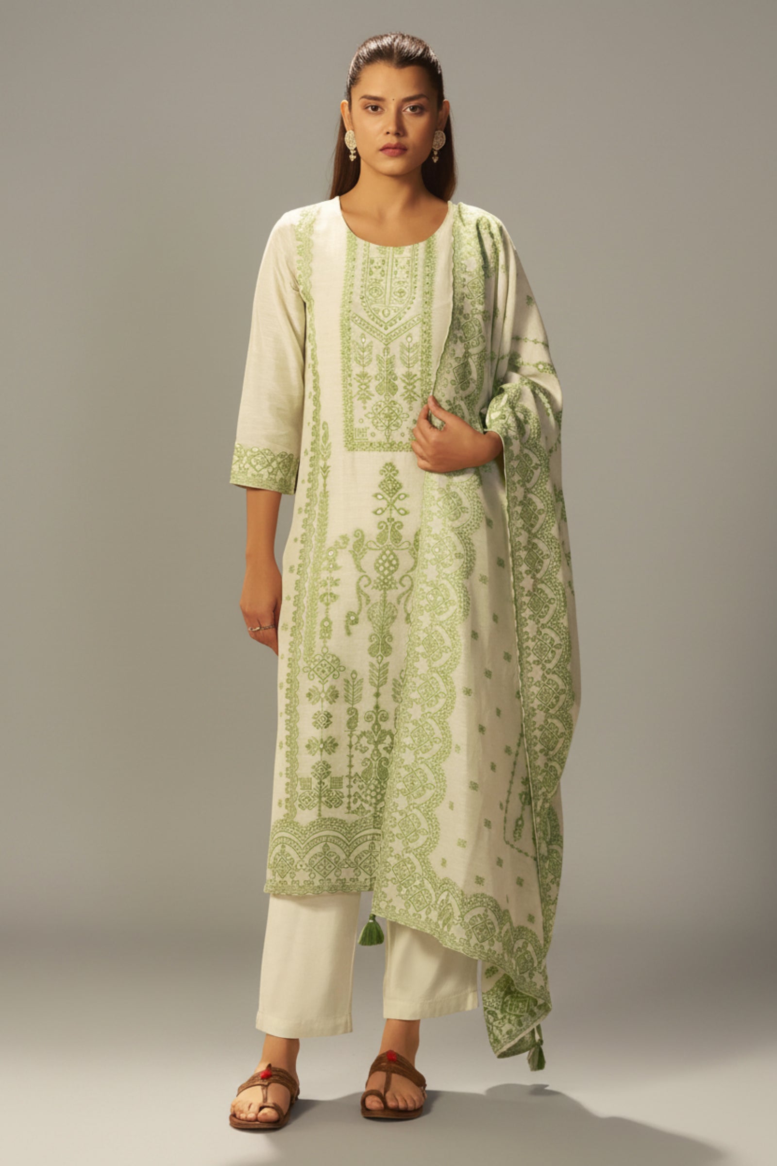 Premium Beige Linen Pakistani Jacquard Kurti Set with Handwork