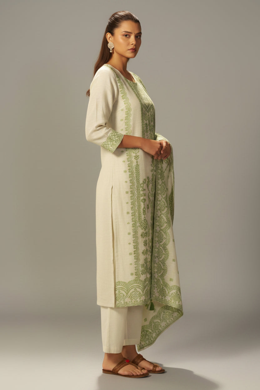 Premium Beige Linen Pakistani Jacquard Kurti Set with Handwork