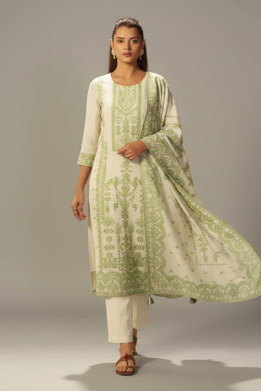 Premium Beige Linen Pakistani Jacquard Kurti Set with Handwork