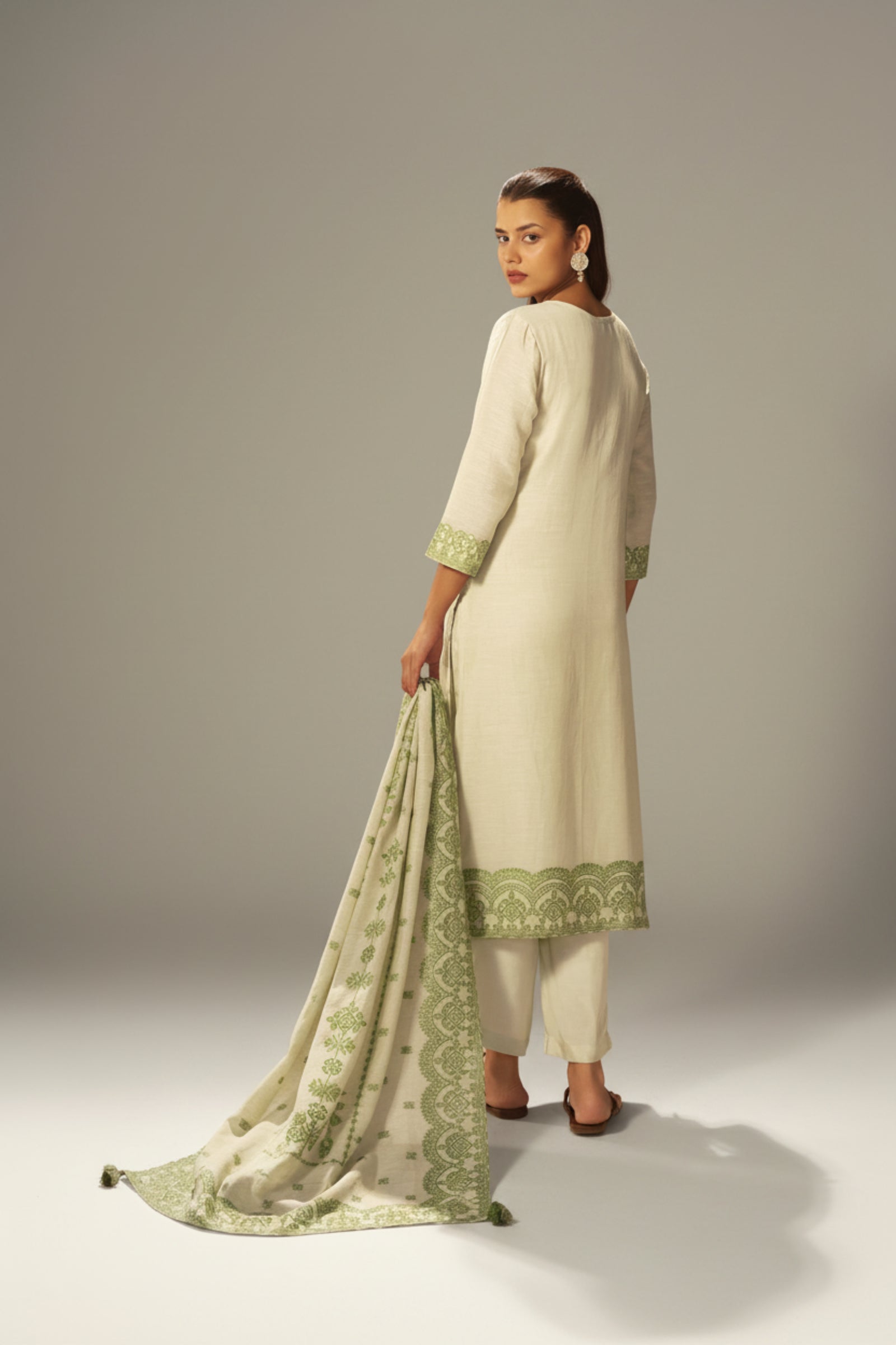 Premium Beige Linen Pakistani Jacquard Kurti Set with Handwork