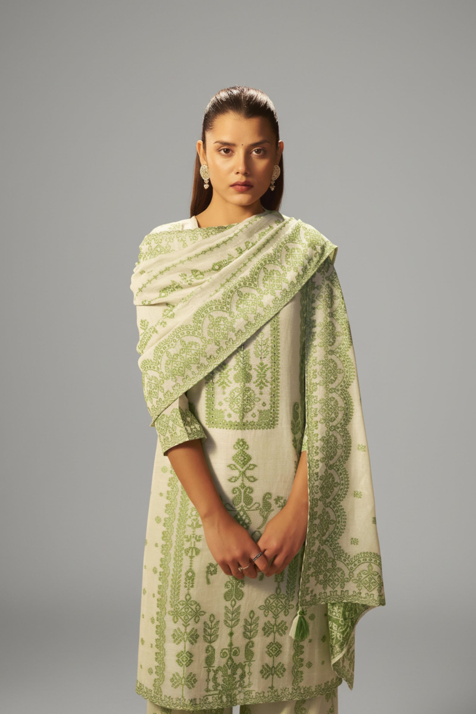Premium Beige Linen Pakistani Jacquard Kurti Set with Handwork