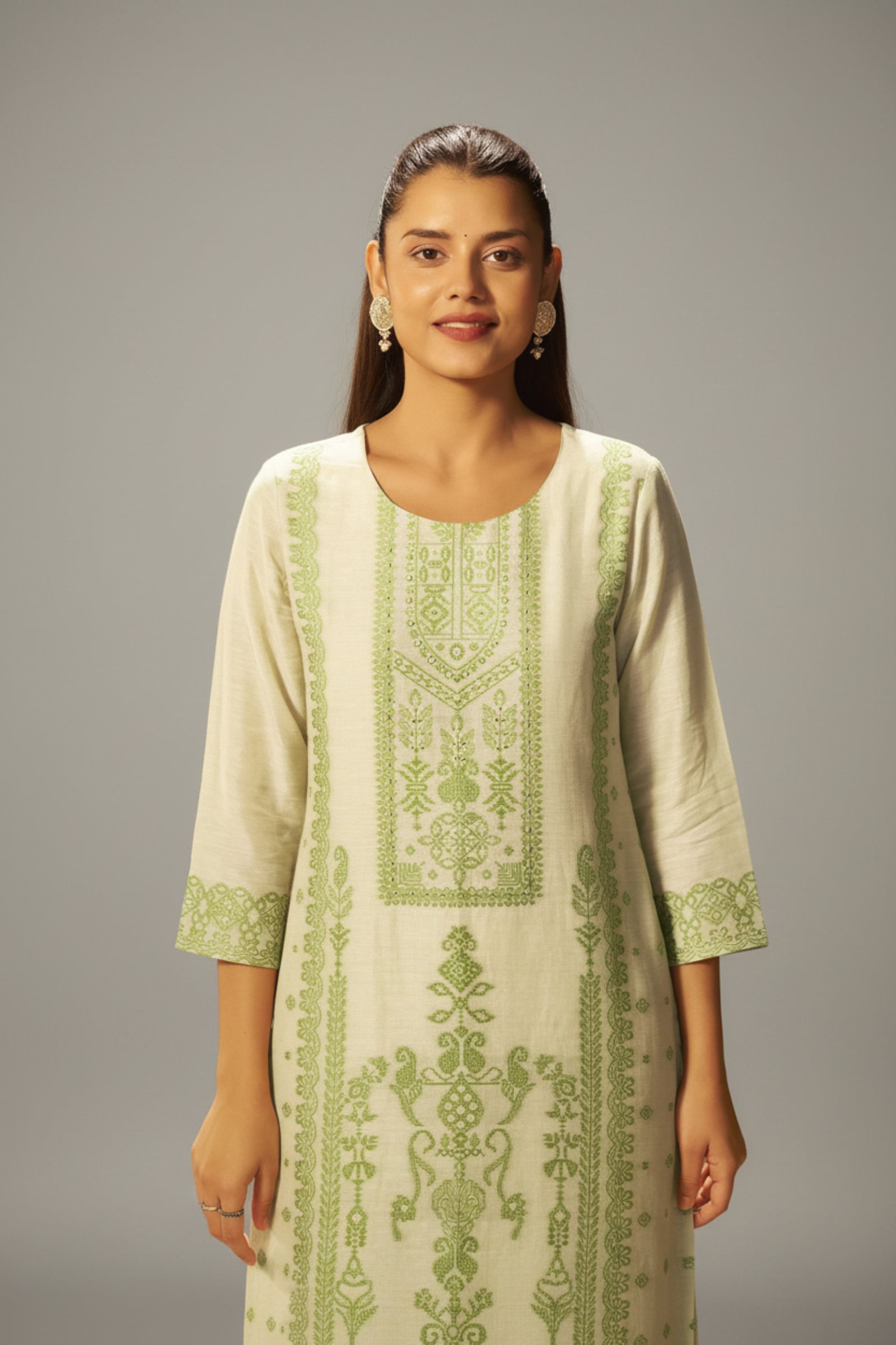 Premium Beige Linen Pakistani Jacquard Kurti Set with Handwork