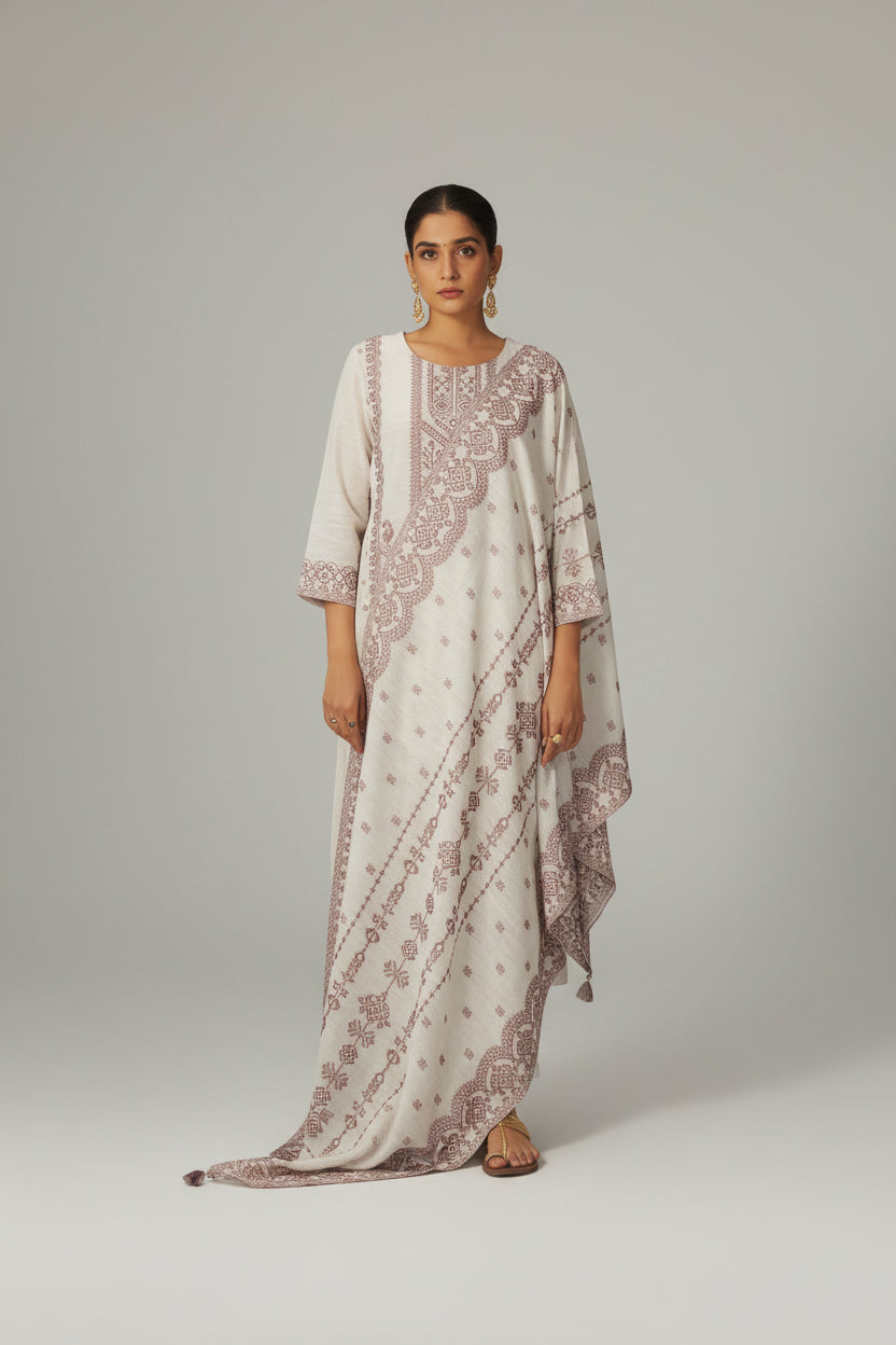 Beige Linen Pakistani Jacquard Set with Handwork