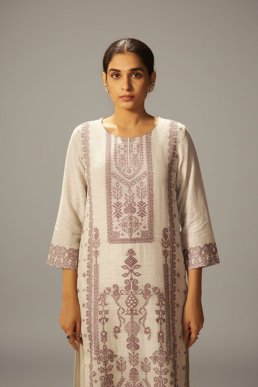 Beige Linen Pakistani Jacquard Set with Handwork