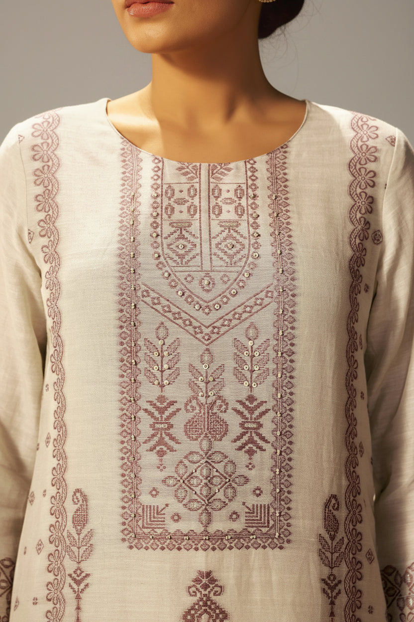 Beige Linen Pakistani Jacquard Set with Handwork