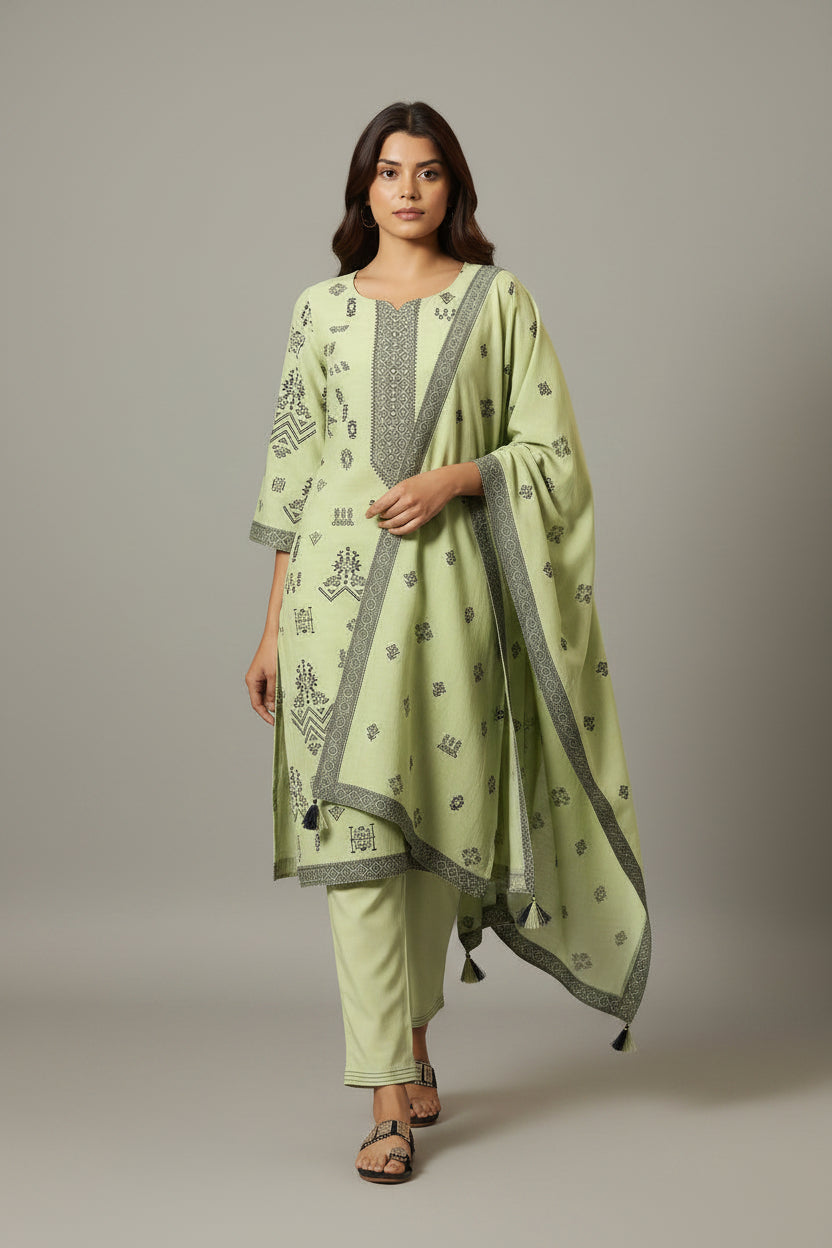 Green Linen Jacquard Set with Handwork