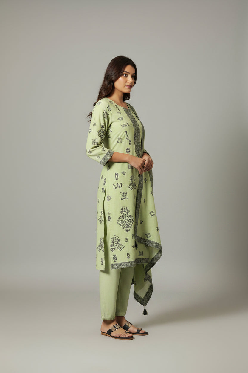 Green Linen Jacquard Set with Handwork